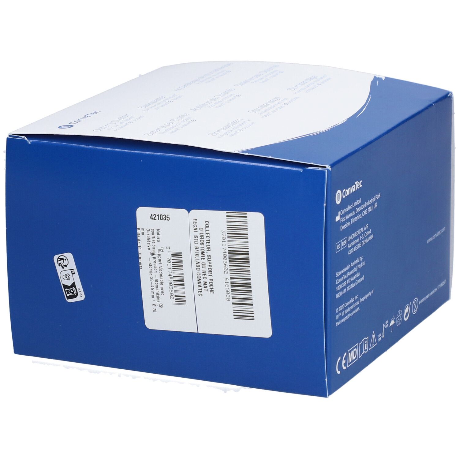 Boîte de produit bleue et blanche. Logo Convatec. Dispositif médical. Informations fabricant et distributeur.