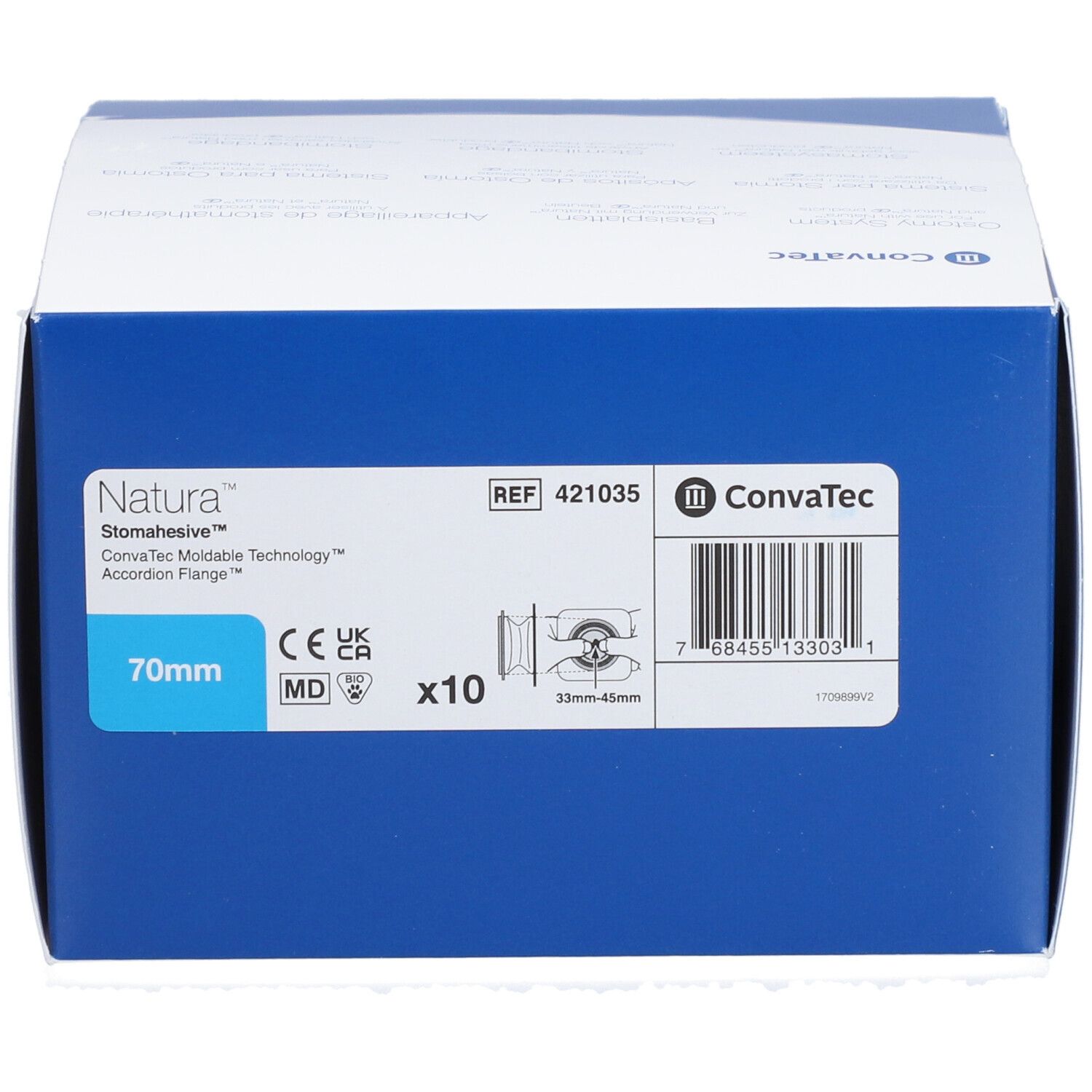 Boîte de produit bleue et blanche. Natura Stomahesive, 70mm, x10. Logo Convatec. Dispositif médical.