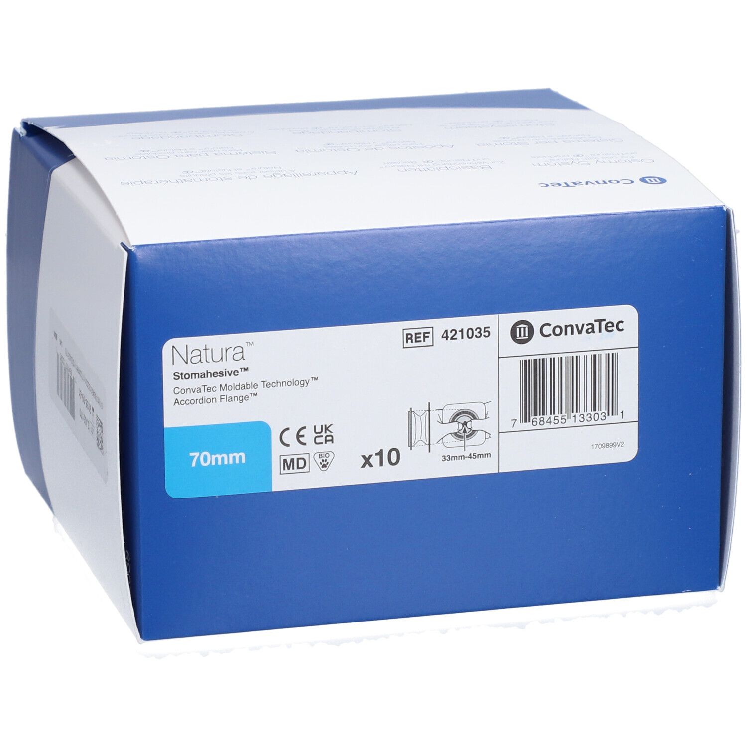 Boîte de produit bleue et blanche. Natura Stomahesive, 70mm, x10. Logo Convatec. Dispositif médical.
