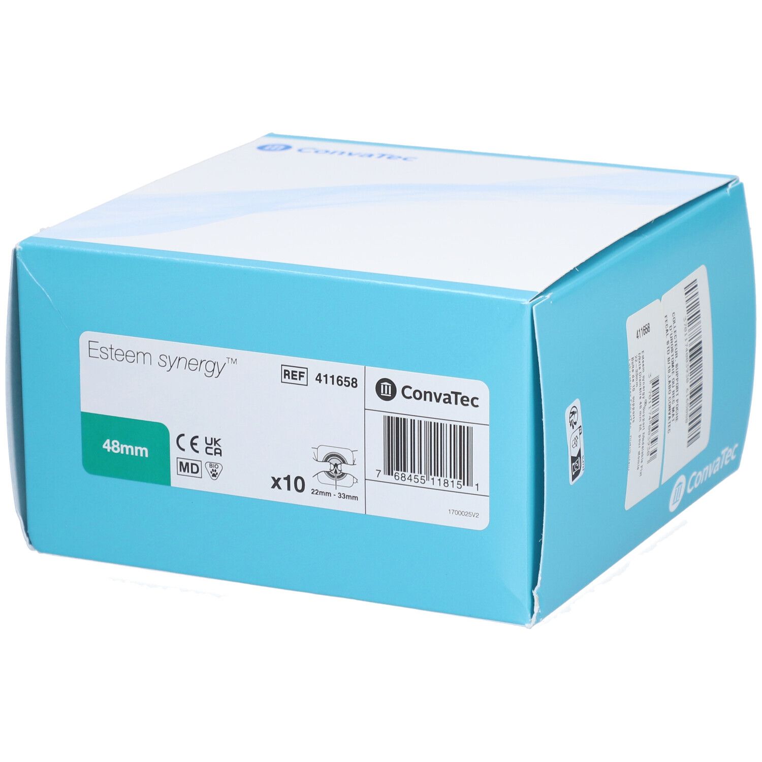 Boîte bleu et blanche avec informations produit. Inscription: Esteem synergy, 48mm, x10. Marque: ConvaTec.
