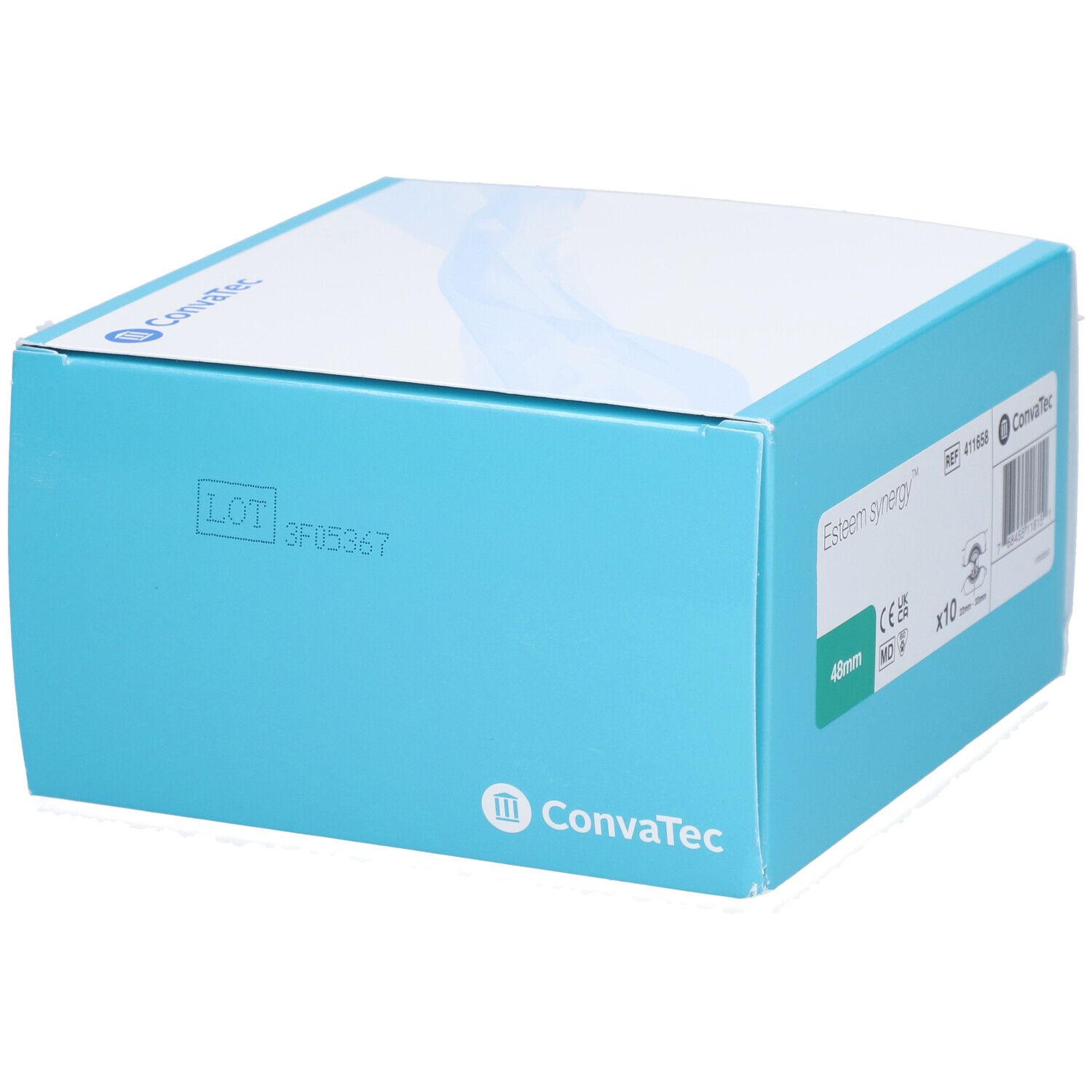 Boîte bleu et blanche avec informations produit. Inscription: Esteem synergy, 48mm, x10. Marque: ConvaTec. Avec numéro de lot.