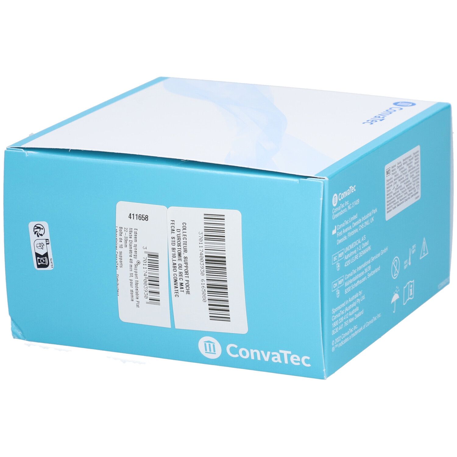 Dos d'une boîte bleu et blanche. Informations ConvaTec, code-barres et symboles.