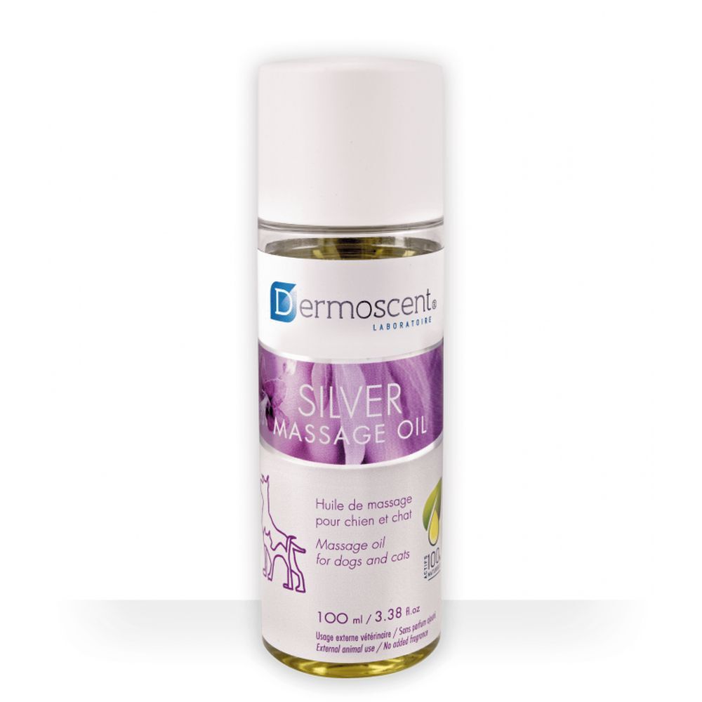 Dermoscent Silver Massage Oil. Flacon avec bouchon blanc. Étiquette avec nom du produit, symbole chien-chat et informations.