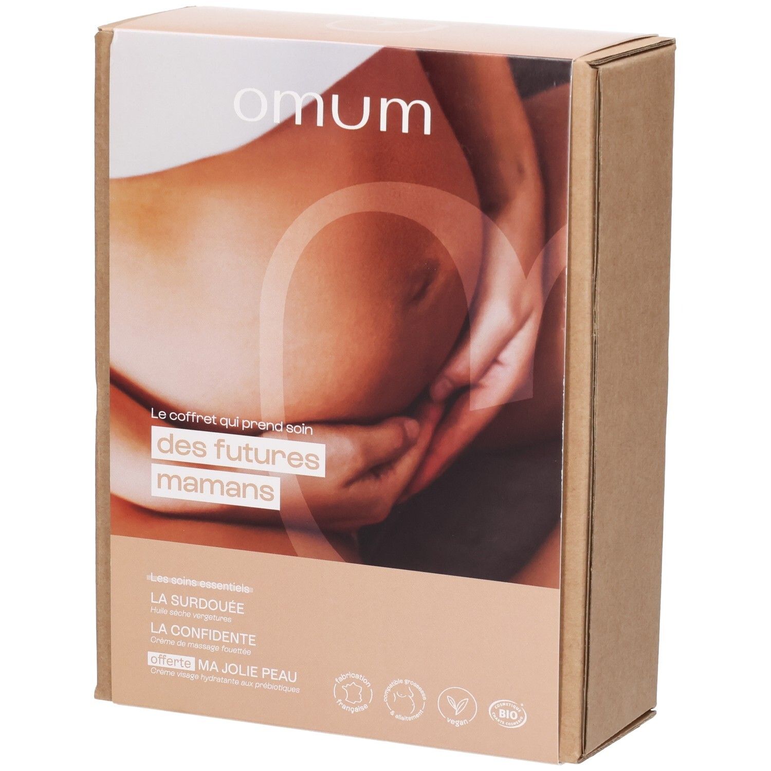 Boîte cadeau OMUM pour futures mamans, face avant avec noms de produits et logos.