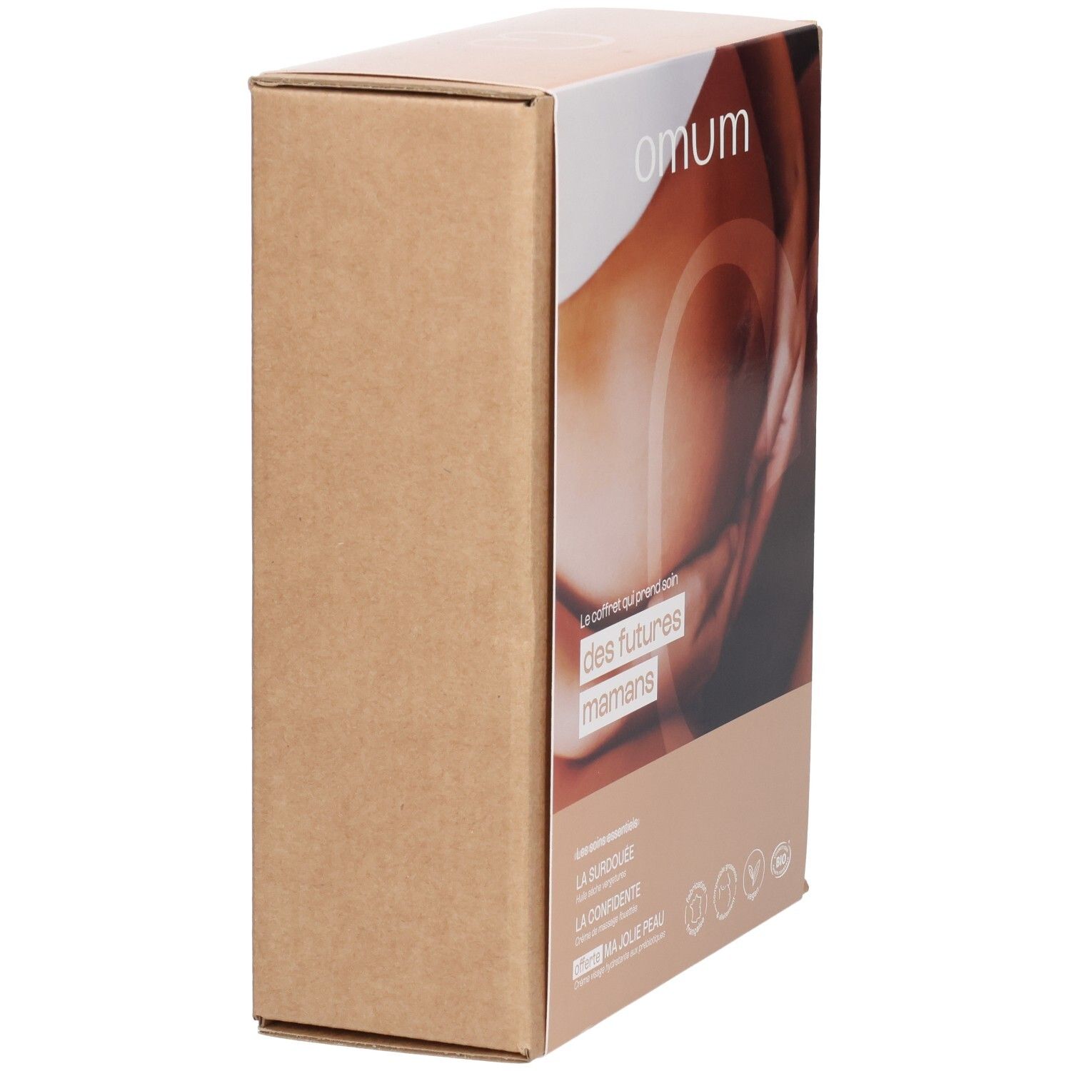 Boîte cadeau OMUM pour futures mamans, vue de côté.