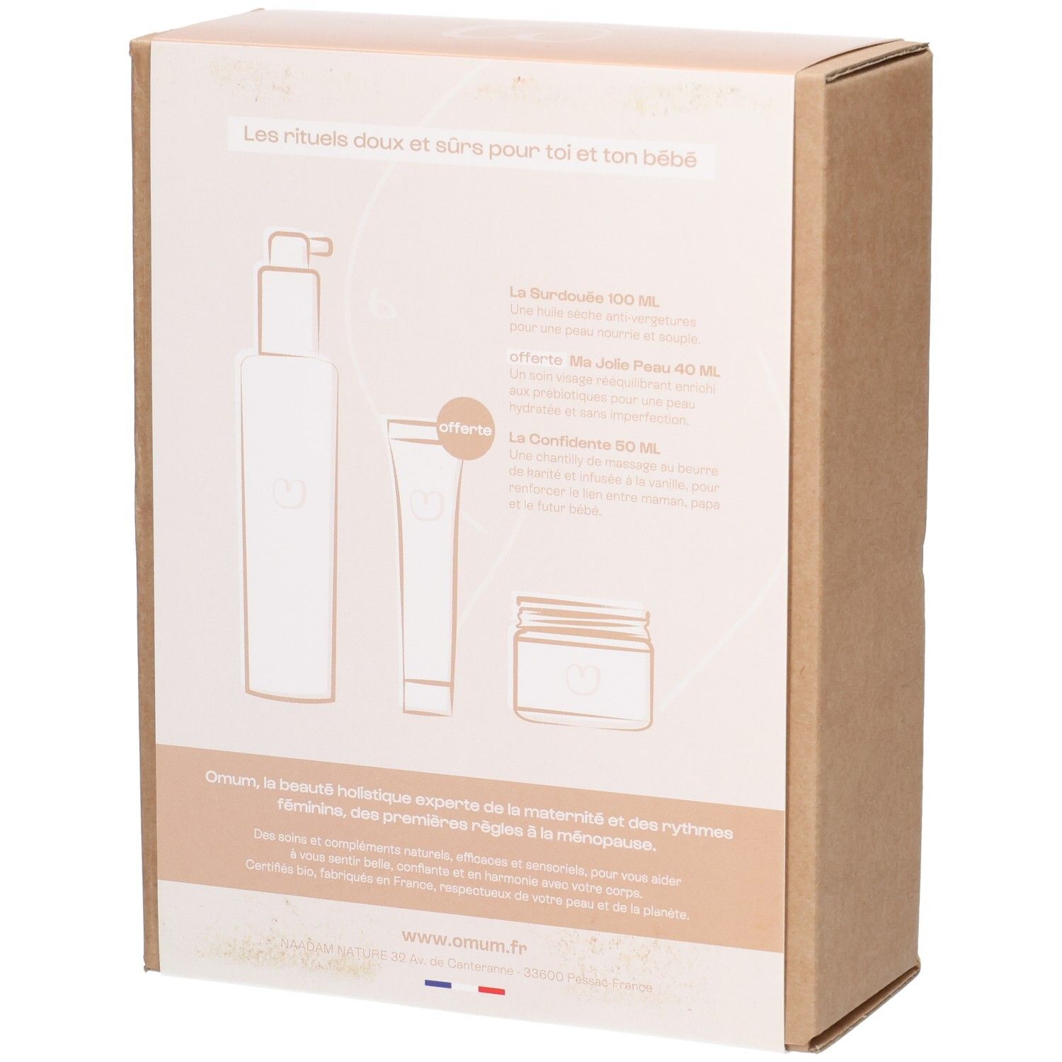 Arrière de la boîte cadeau OMUM pour futures mamans avec illustrations et texte.