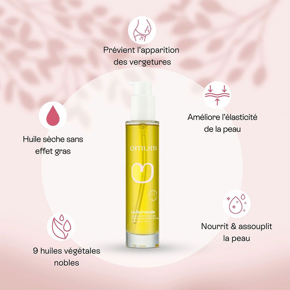 Flacon d'huile corporelle OMUM avec pompe, entouré d'icônes sur l'élasticité et l'hydratation de la peau.