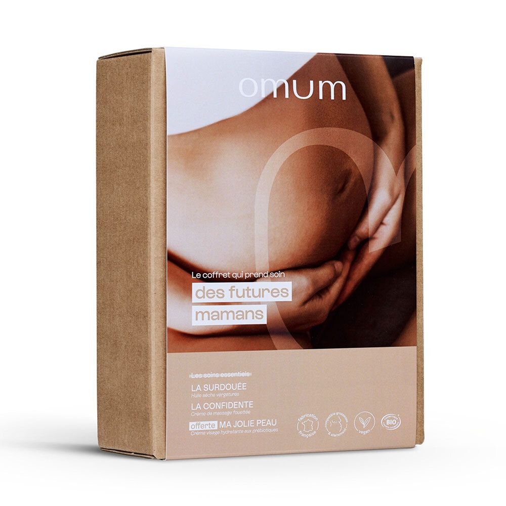 Boîte cadeau OMUM pour futures mamans avec image d'une femme enceinte.