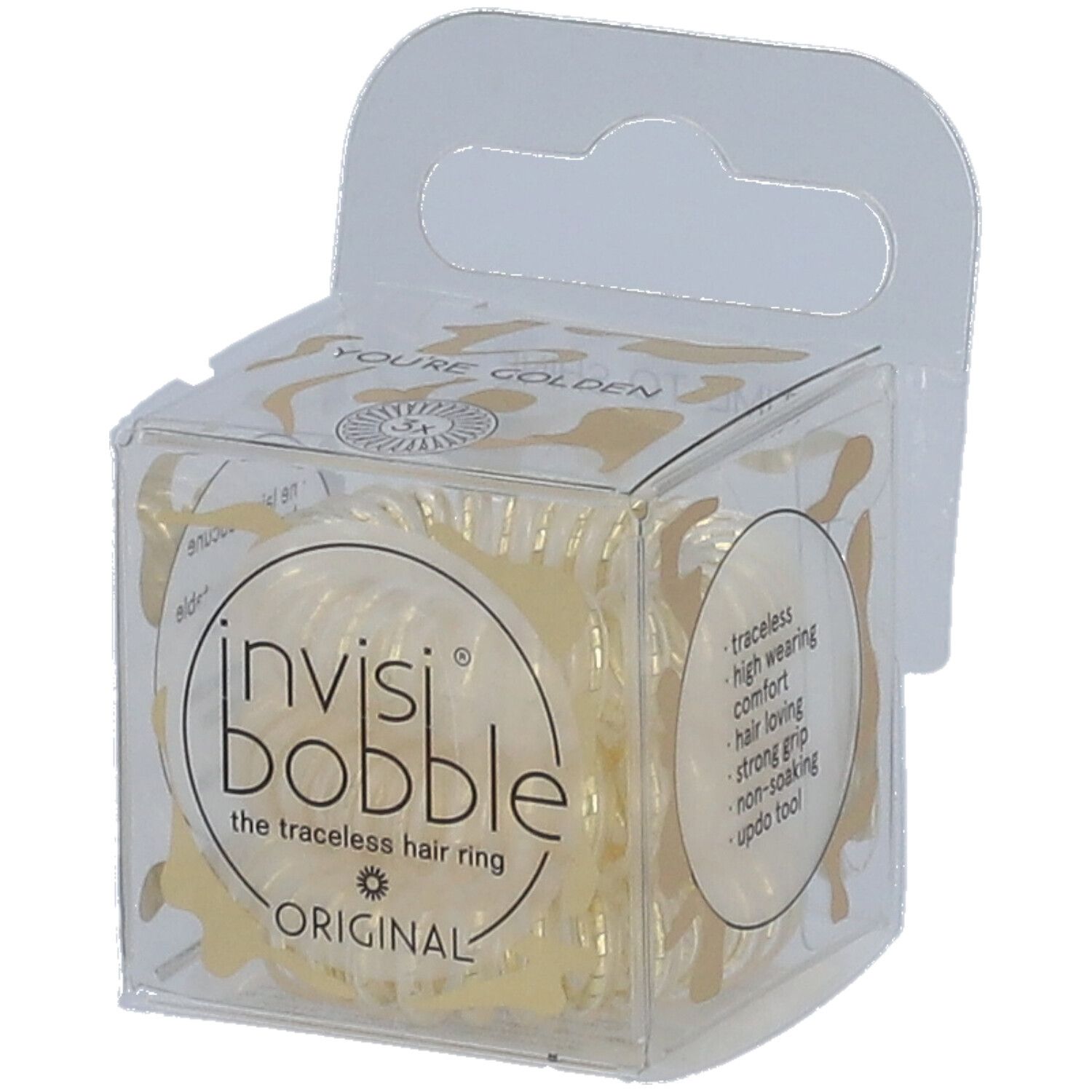 Boîte transparente avec des invisibobble® Original dorés. Inscriptions: invisibobble®, ORIGINAL, caractéristiques.
