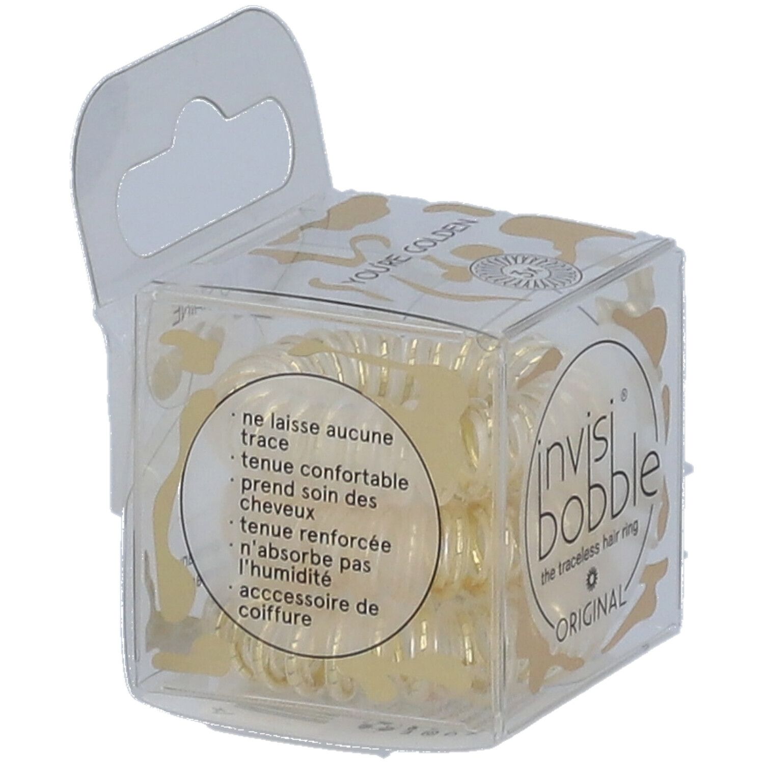 Boîte transparente avec des invisibobble® Original dorés. Inscriptions: invisibobble®, ORIGINAL, caractéristiques.