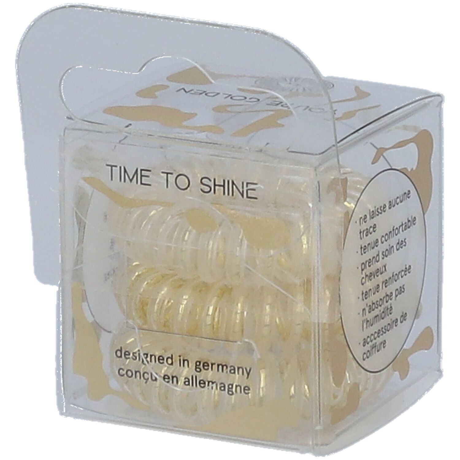 Boîte transparente avec des invisibobble® Original dorés. Inscriptions: TIME TO SHINE, designed in Germany.