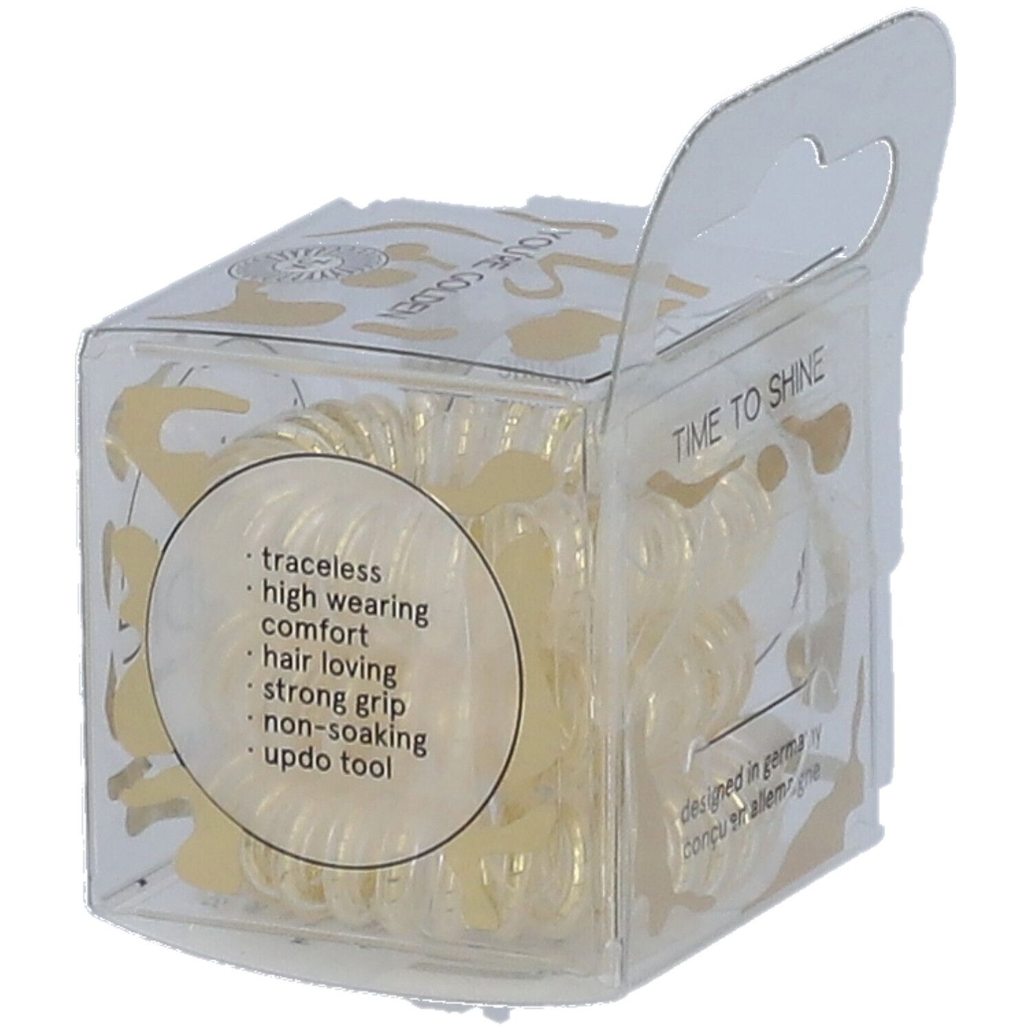 Boîte transparente avec des invisibobble® Original dorés. Inscriptions: TIME TO SHINE, designed in Germany.