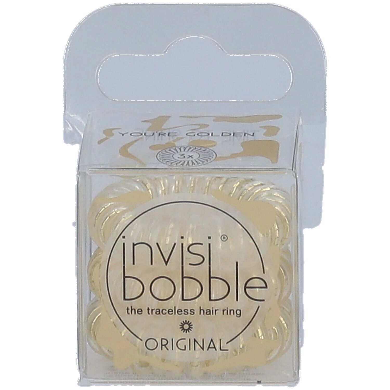 Boîte transparente avec des invisibobble® Original dorés. Inscriptions: invisibobble®, ORIGINAL, 3x.