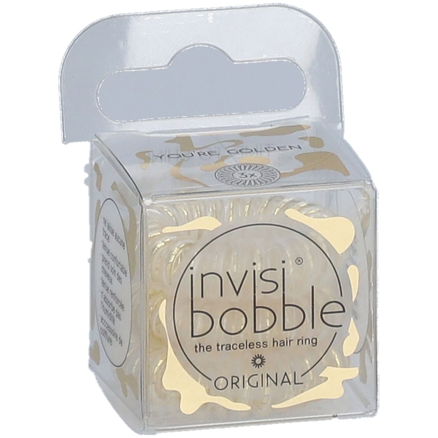 Boîte transparente avec des invisibobble® Original dorés. Inscriptions: invisibobble®, ORIGINAL, 3x.