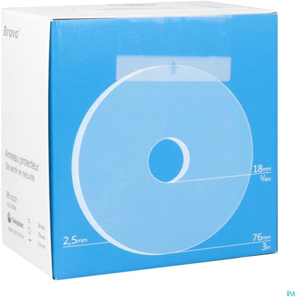 Boîte d'anneaux protecteurs cutanés. Inscription : Bravo, Anneau protecteur, 18 mm - 76 mm, épaisseur 2,5 mm. Boîte bleue, texte blanc.