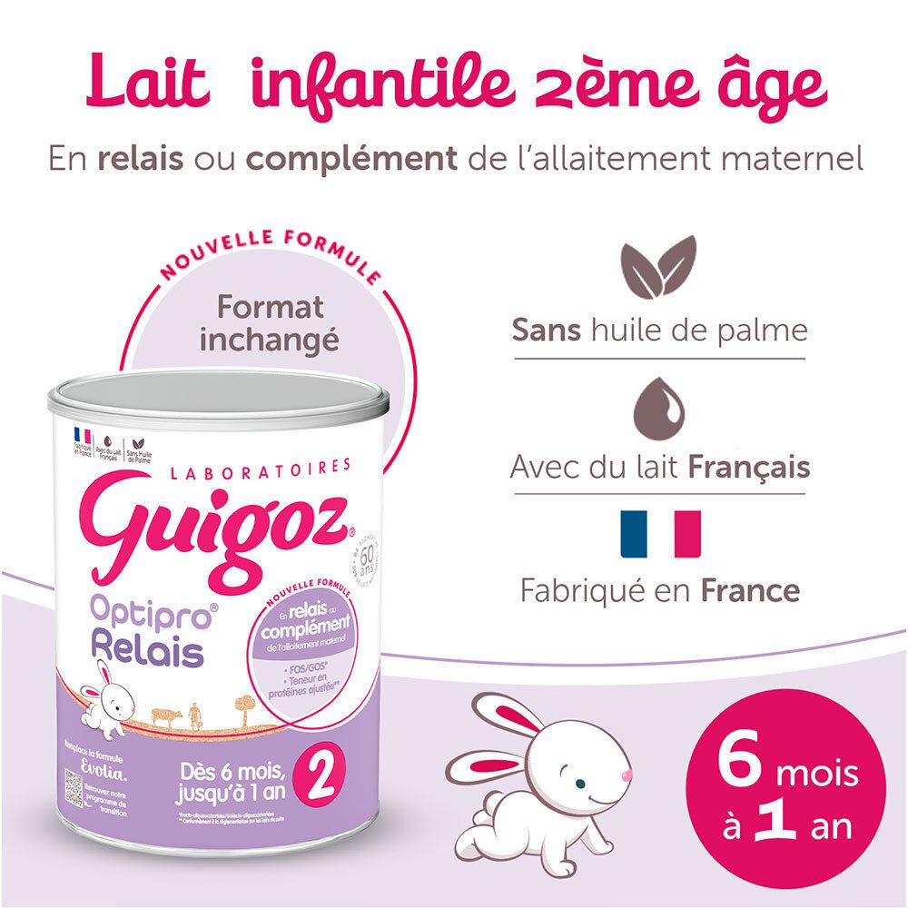 Boîte de lait infantile Guigoz Optipro Relais 2. Texte et illustrations. Sans huile de palme. Fabriqué en France.