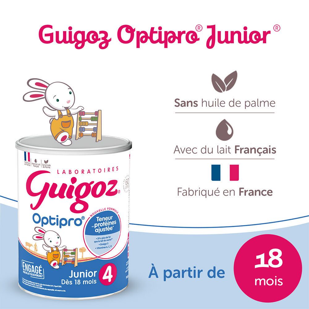 GUIGOZ® Optipro® Junior. Boîte avec image du produit. Sans huile de palme, avec du lait français. Fabriqué en France.