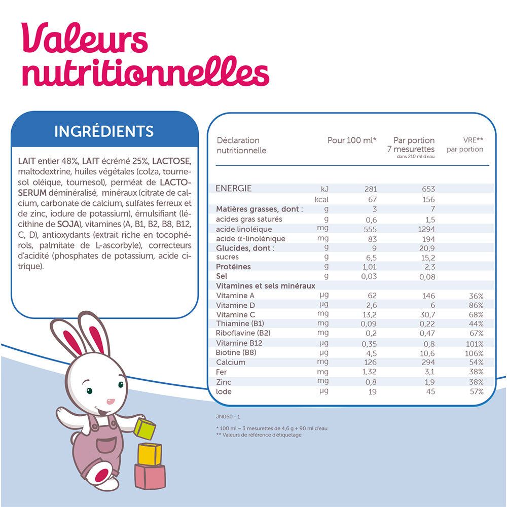 Valeurs nutritionnelles de GUIGOZ® Optipro® 4 Junior. Liste des ingrédients, tableau nutritionnel pour 100 ml et par portion.