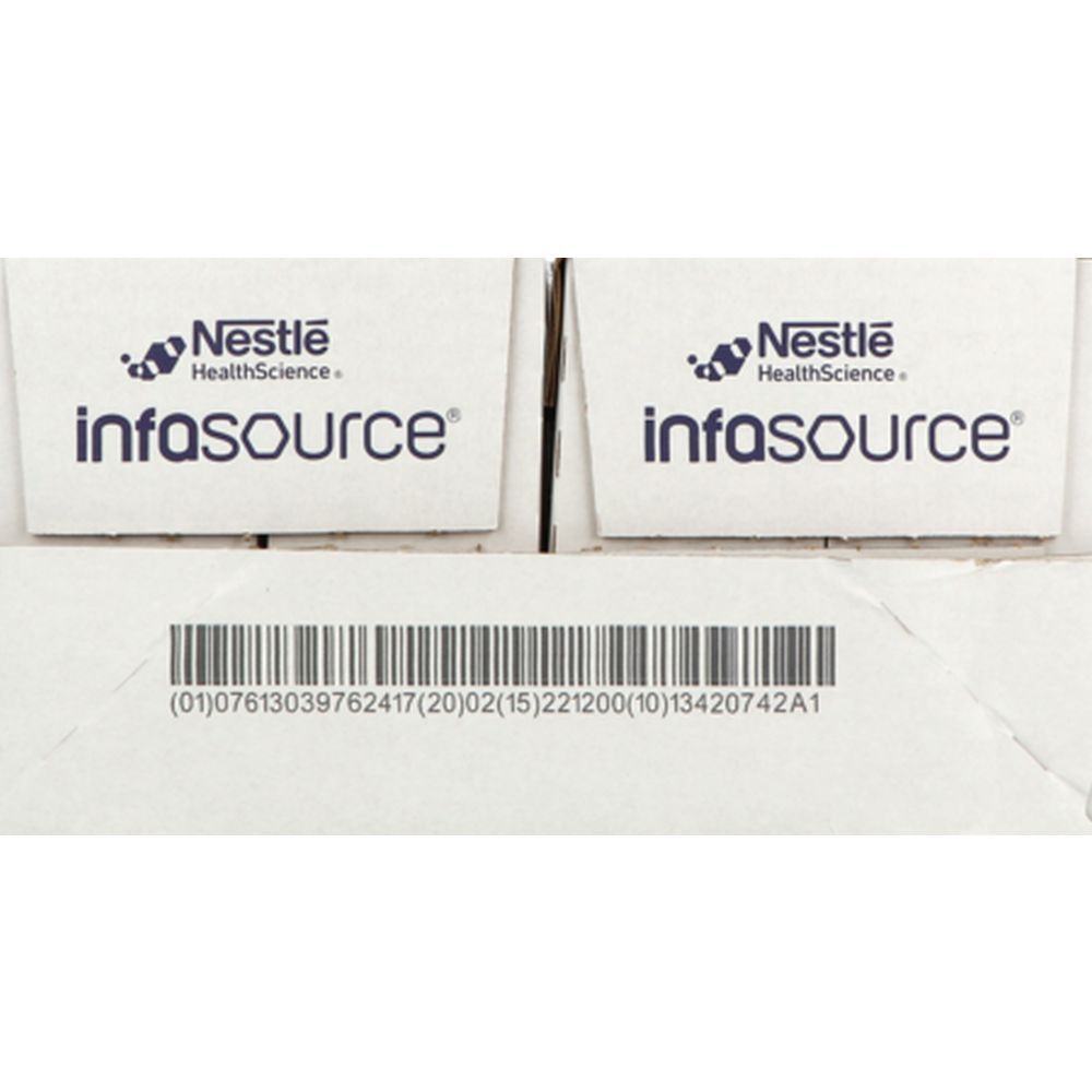 Boîte avec logo Nestlé HealthScience infasource. Code-barres et texte en bas.