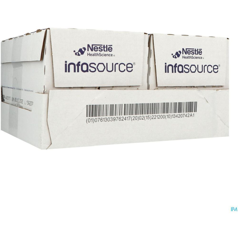 Boîte avec logo Nestlé HealthScience infasource. Vue latérale avec code-barres.