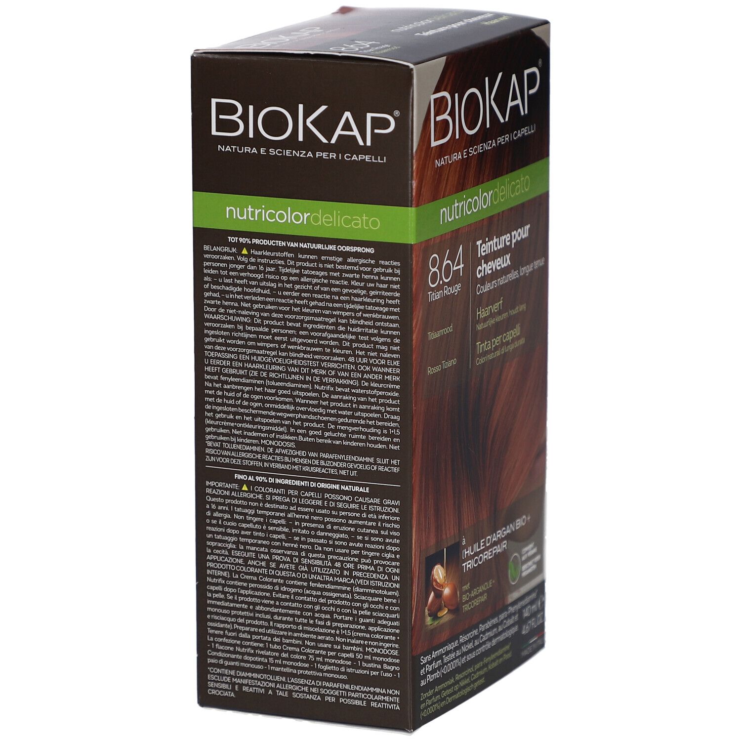 Vue latérale de la boîte de teinture Biokap Nutricolordelicato. Texte et informations sur le produit.