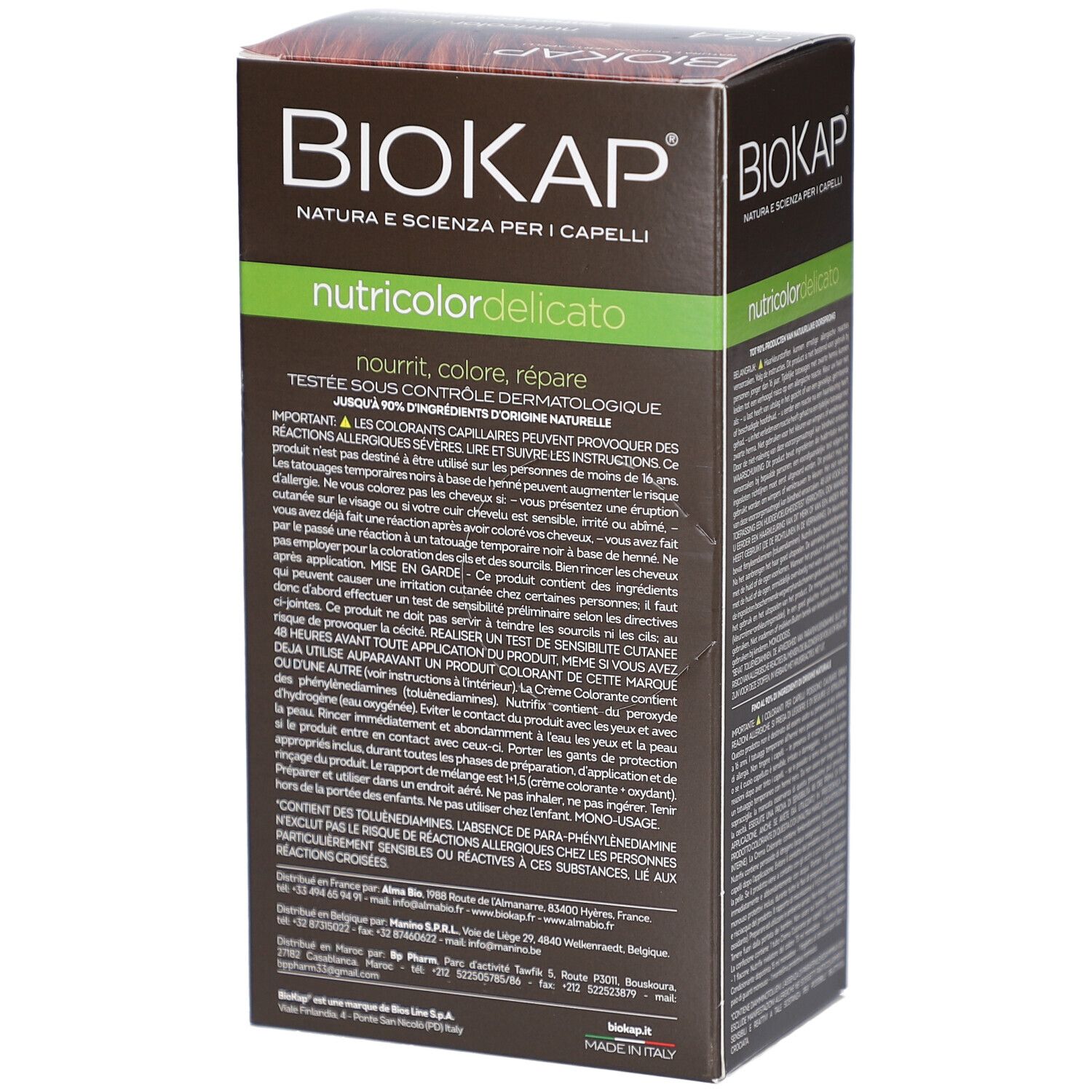 Dos de la boîte de teinture Biokap Nutricolordelicato. Informations textuelles et avertissements.