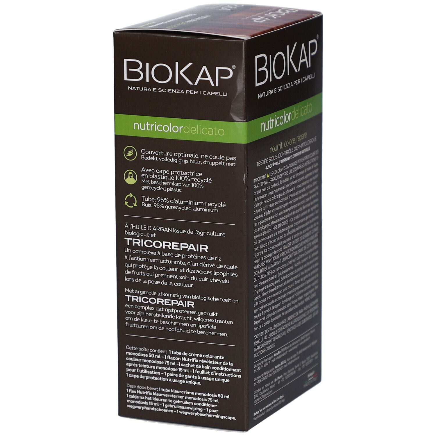 Côté de la boîte de teinture Biokap Nutricolordelicato. Caractéristiques et ingrédients du produit.