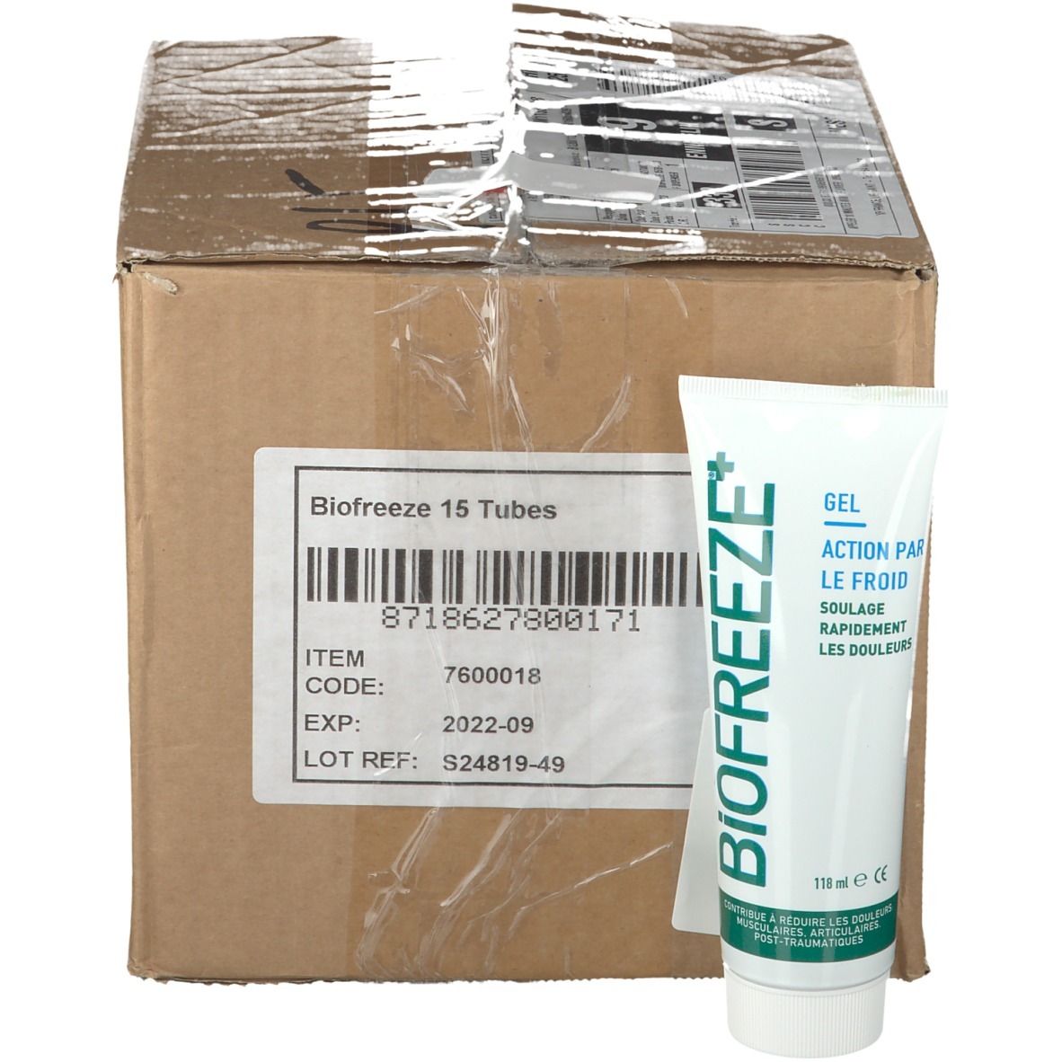 Boîte en carton et tube. Tube: blanc, vert, "BIOFREEZE+" et "GEL ACTION PAR LE FROID". 118 ml.