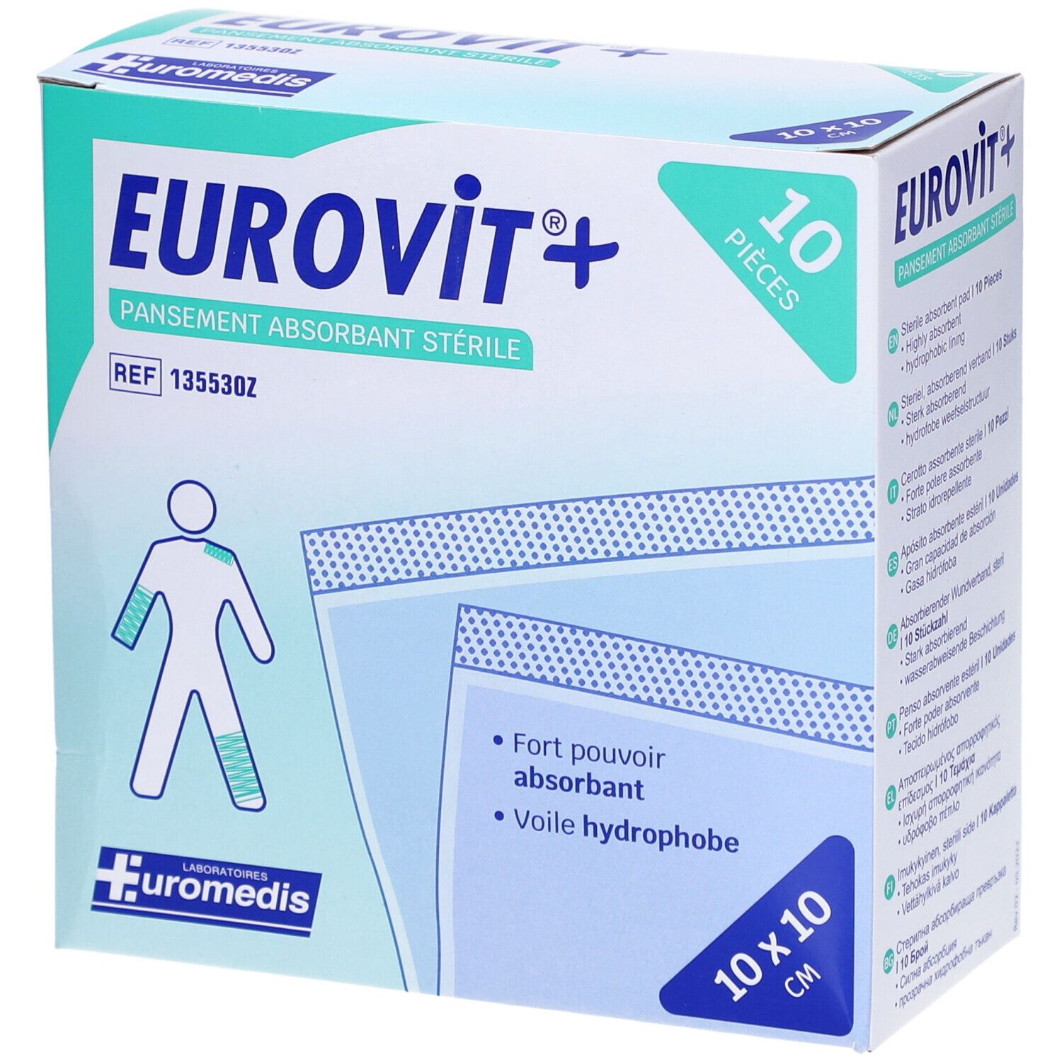 EUROVIT - Pansement absorbant, stérile, non adhérent à la plaie. 10 cm x 10 cm (ref. 13553