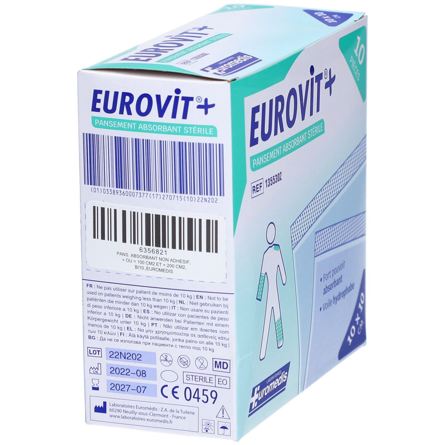 EUROVIT - Pansement absorbant, stérile, non adhérent à la plaie. 10 cm x 10 cm (ref. 13553