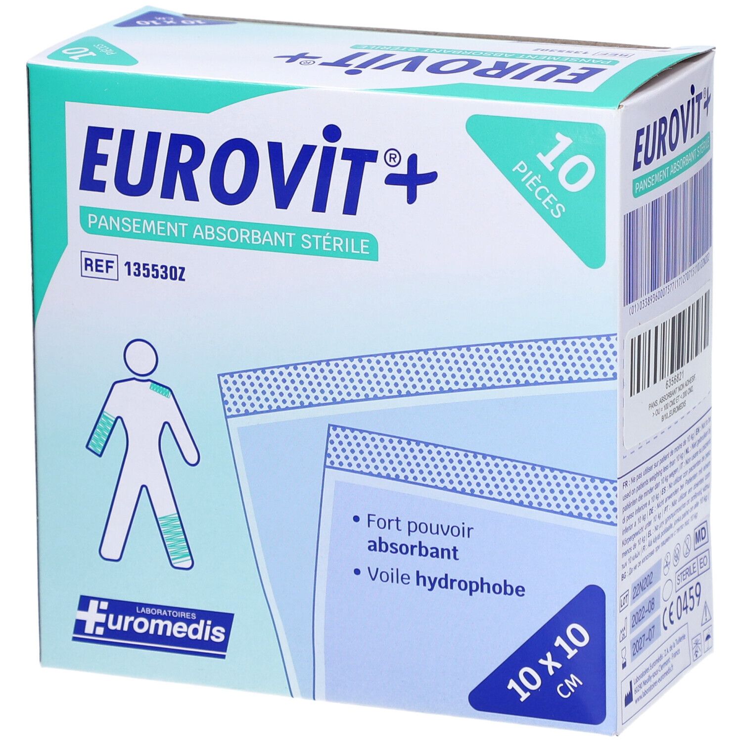 EUROVIT - Pansement absorbant, stérile, non adhérent à la plaie. 10 cm x 10 cm (ref. 13553