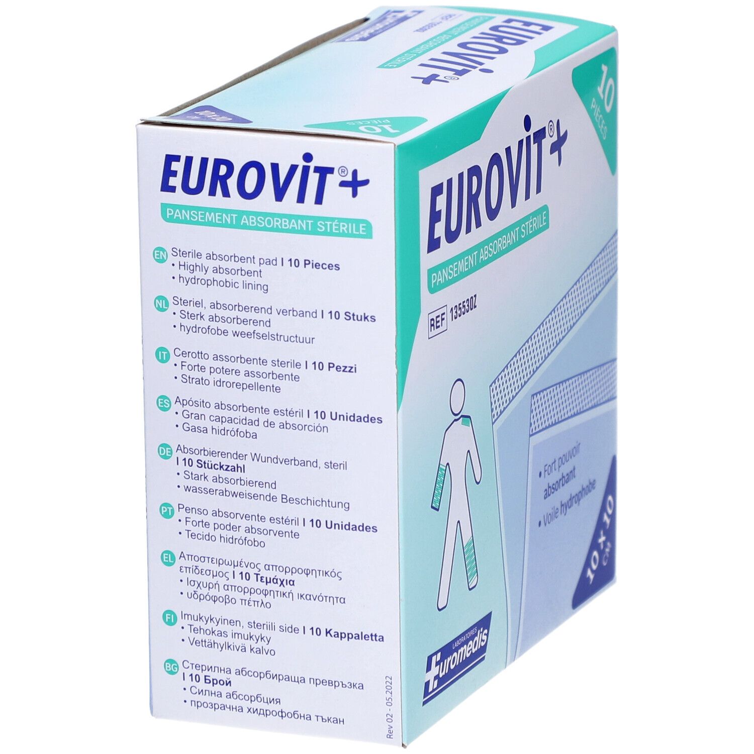 EUROVIT - Pansement absorbant, stérile, non adhérent à la plaie. 10 cm x 10 cm (ref. 13553