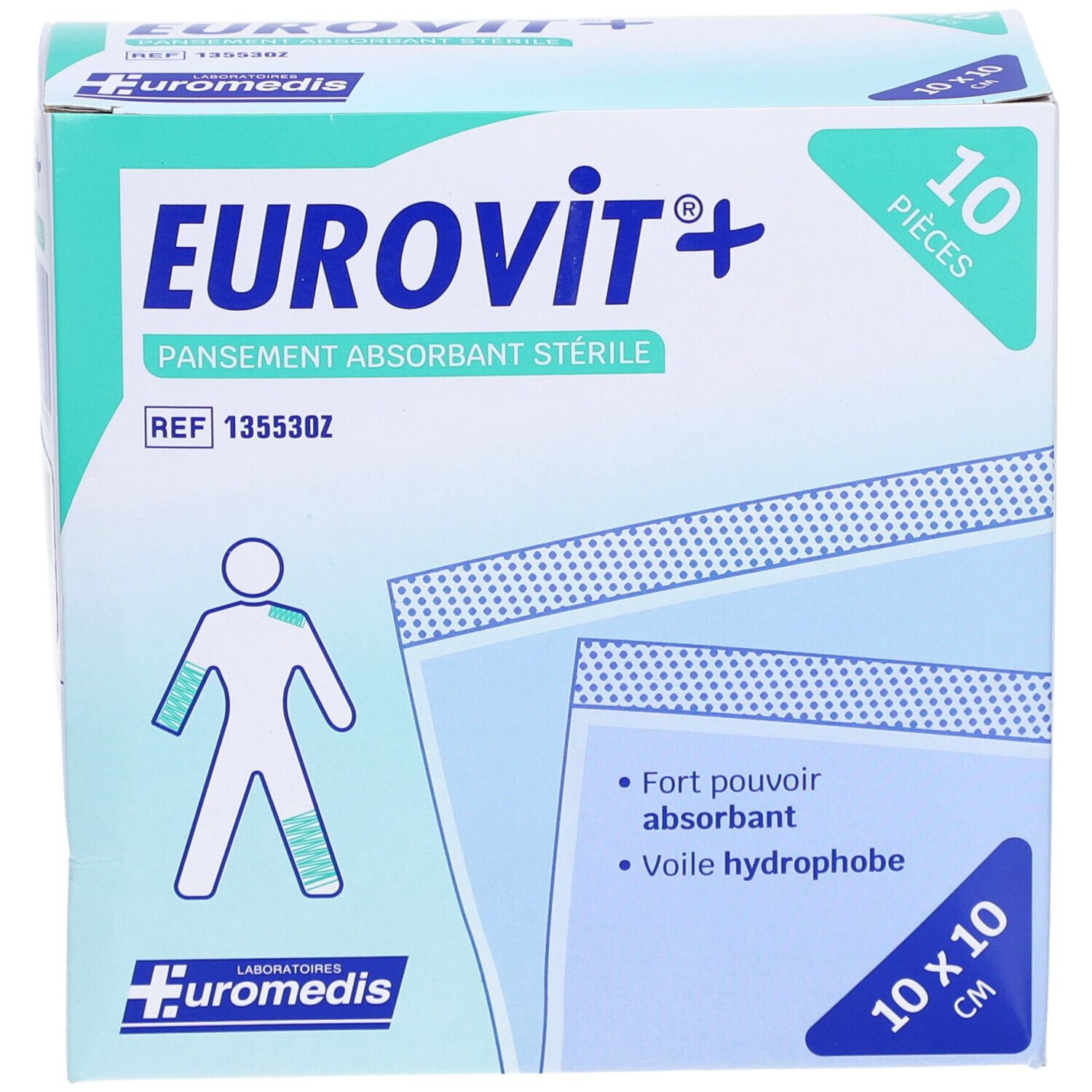 EUROVIT - Pansement absorbant, stérile, non adhérent à la plaie. 10 cm x 10 cm (ref. 13553