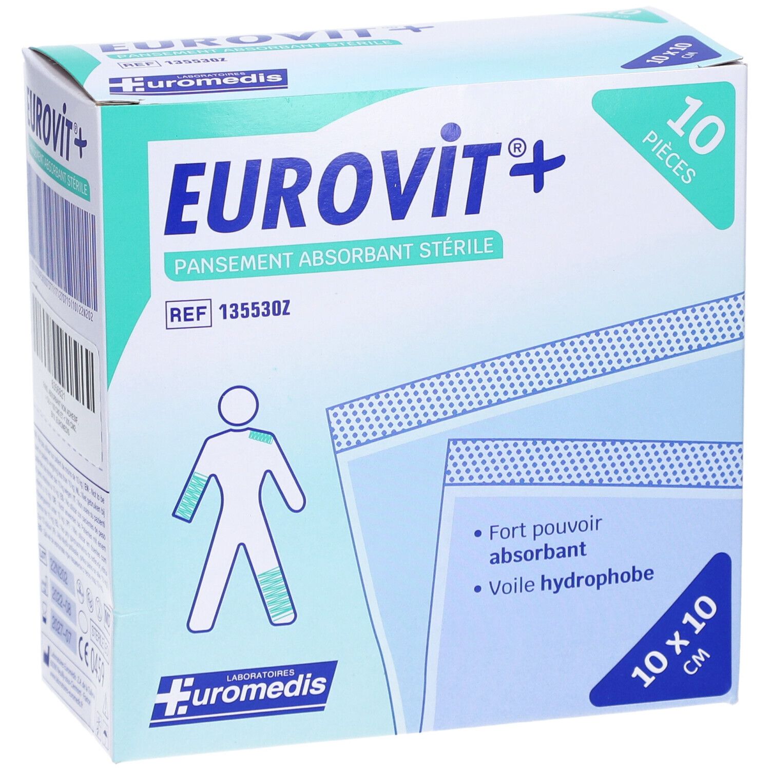 EUROVIT - Pansement absorbant, stérile, non adhérent à la plaie. 10 cm x 10 cm (ref. 13553