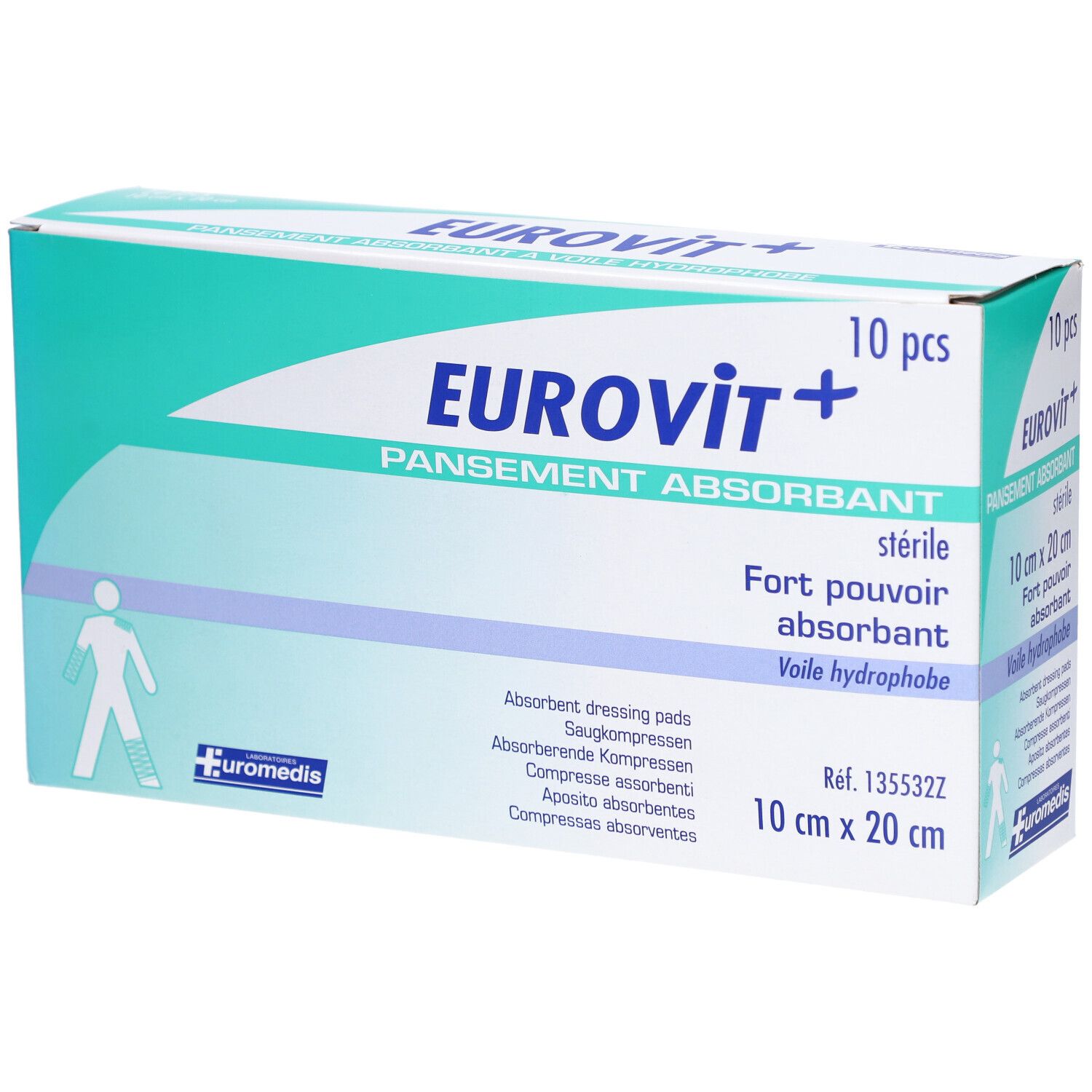 EUROVIT - Pansement absorbant, stérile, non adhérent à la plaie. 10 cm x 20 cm (ref. 13553