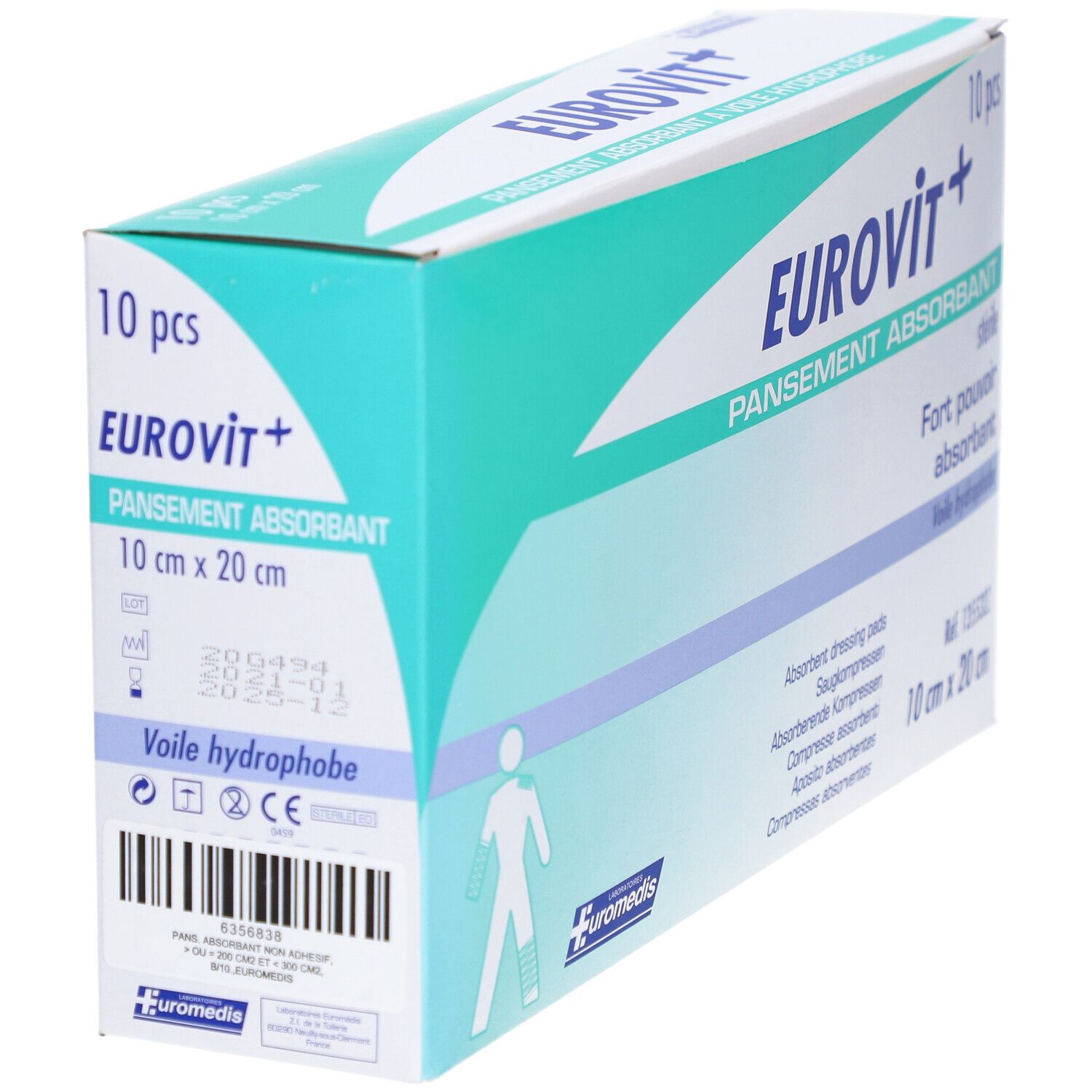 EUROVIT - Pansement absorbant, stérile, non adhérent à la plaie. 10 cm x 20 cm (ref. 13553