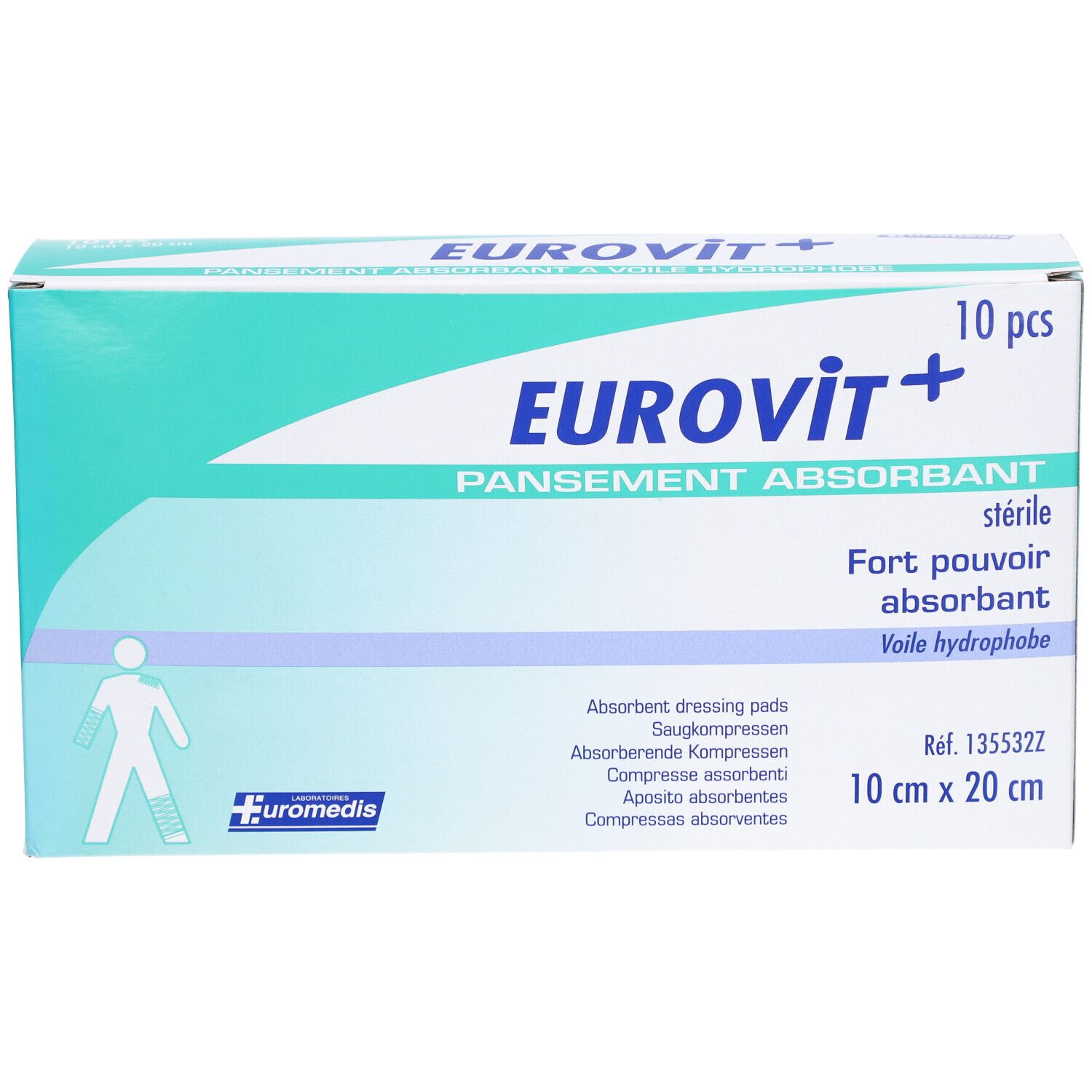 EUROVIT - Pansement absorbant, stérile, non adhérent à la plaie. 10 cm x 20 cm (ref. 13553