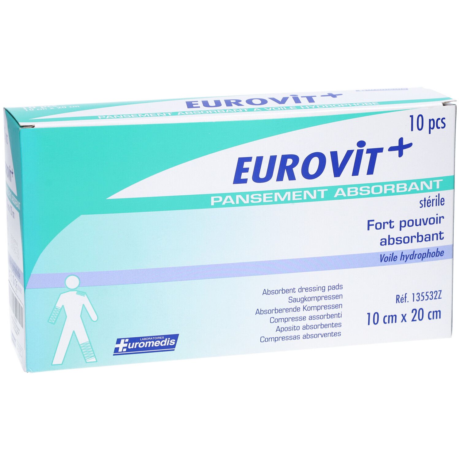 EUROVIT - Pansement absorbant, stérile, non adhérent à la plaie. 10 cm x 20 cm (ref. 13553