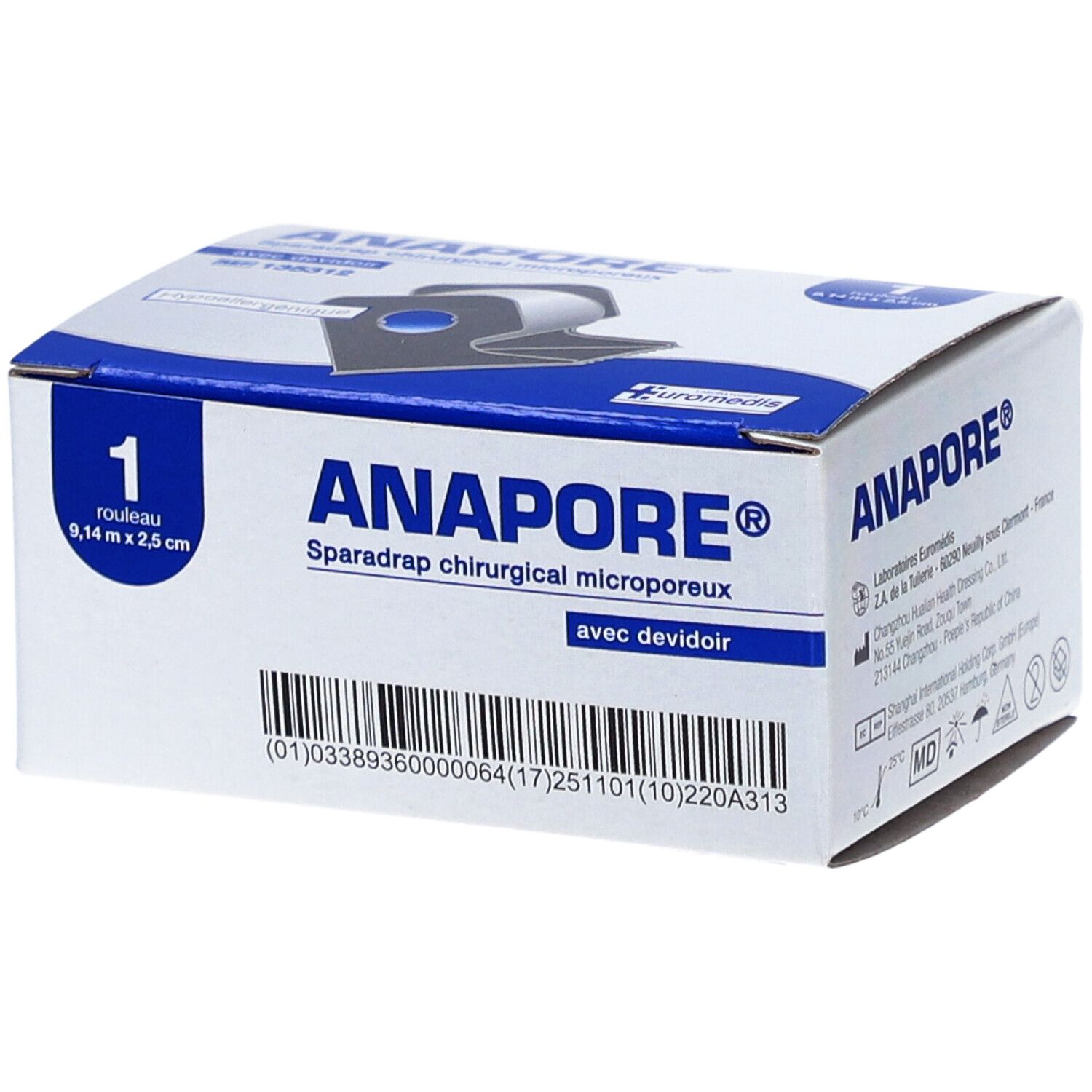 ANAPORE - Sparadrap microporeux, en non tissé, hypoallergénique, avec dévidoir. 9,14 m x 2,5 cm