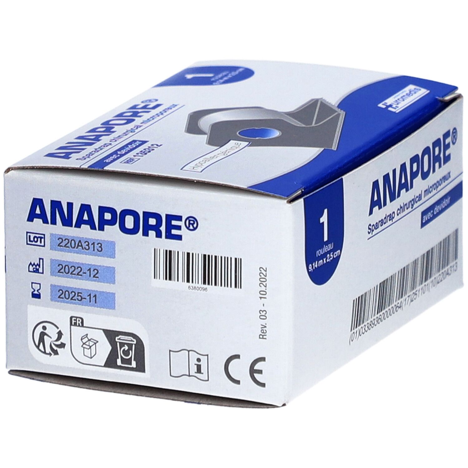 ANAPORE - Sparadrap microporeux, en non tissé, hypoallergénique, avec dévidoir. 9,14 m x 2,5 cm