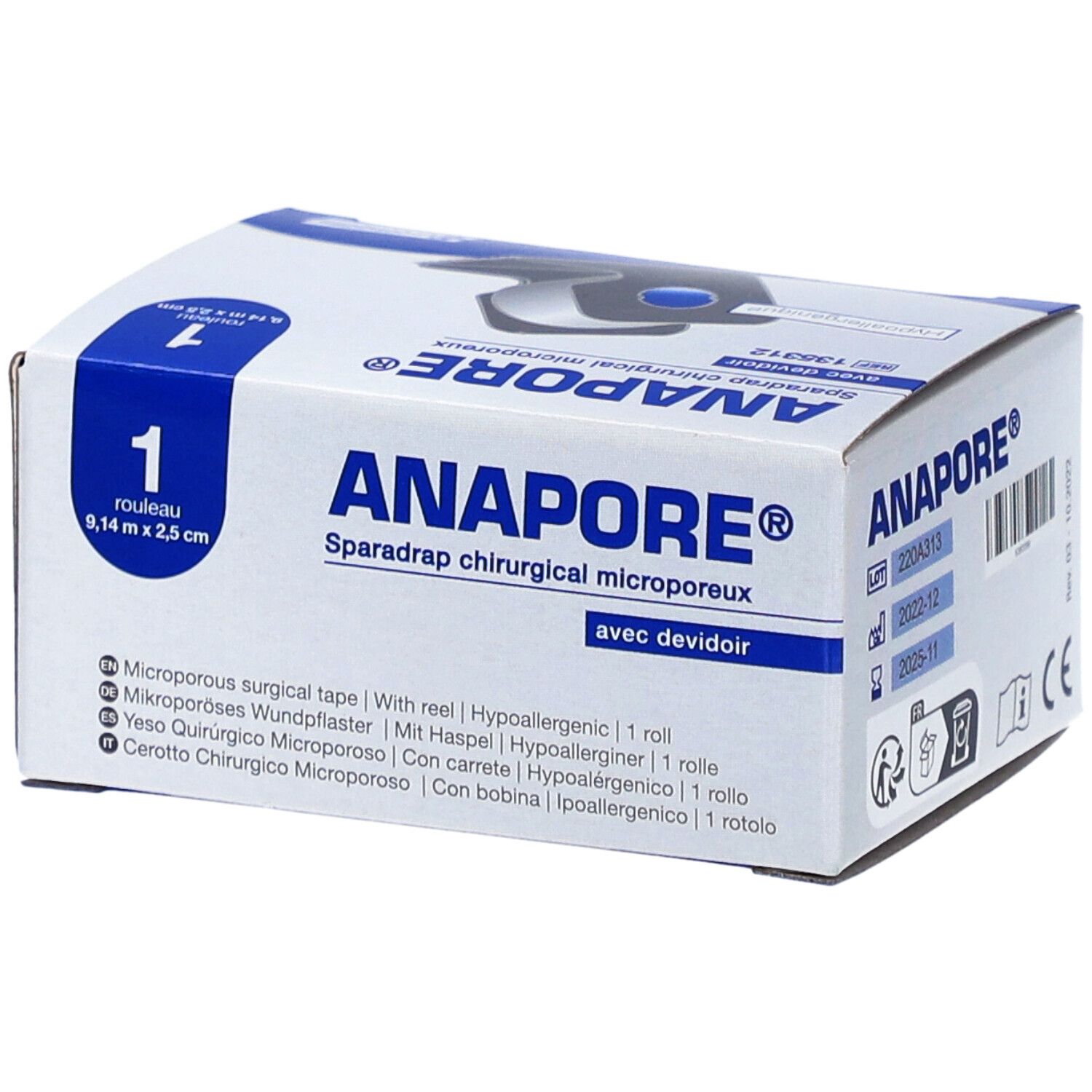 ANAPORE - Sparadrap microporeux, en non tissé, hypoallergénique, avec dévidoir. 9,14 m x 2,5 cm