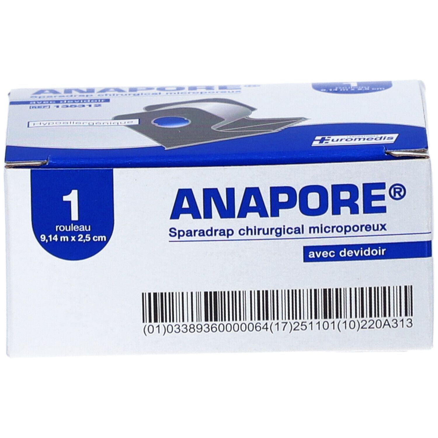 ANAPORE - Sparadrap microporeux, en non tissé, hypoallergénique, avec dévidoir. 9,14 m x 2,5 cm