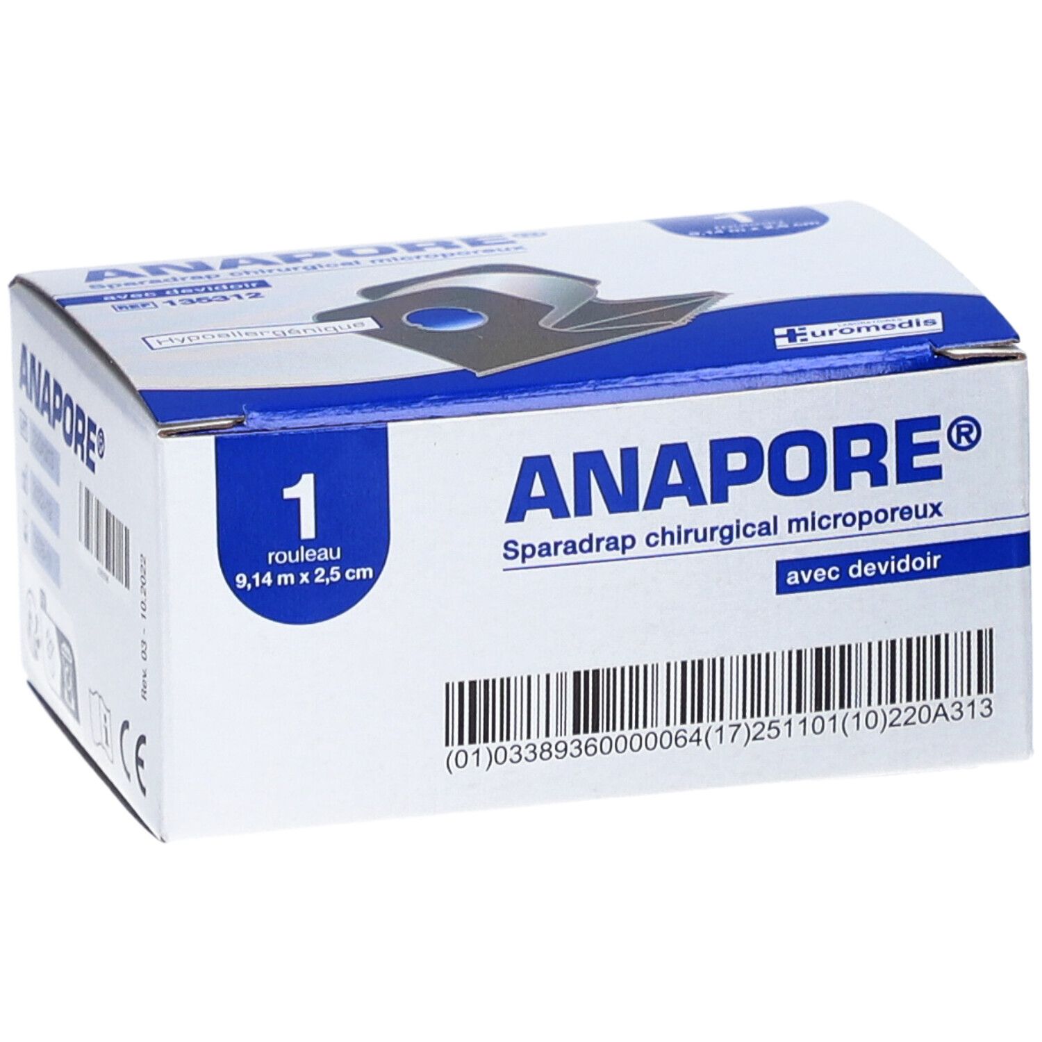 ANAPORE - Sparadrap microporeux, en non tissé, hypoallergénique, avec dévidoir. 9,14 m x 2,5 cm