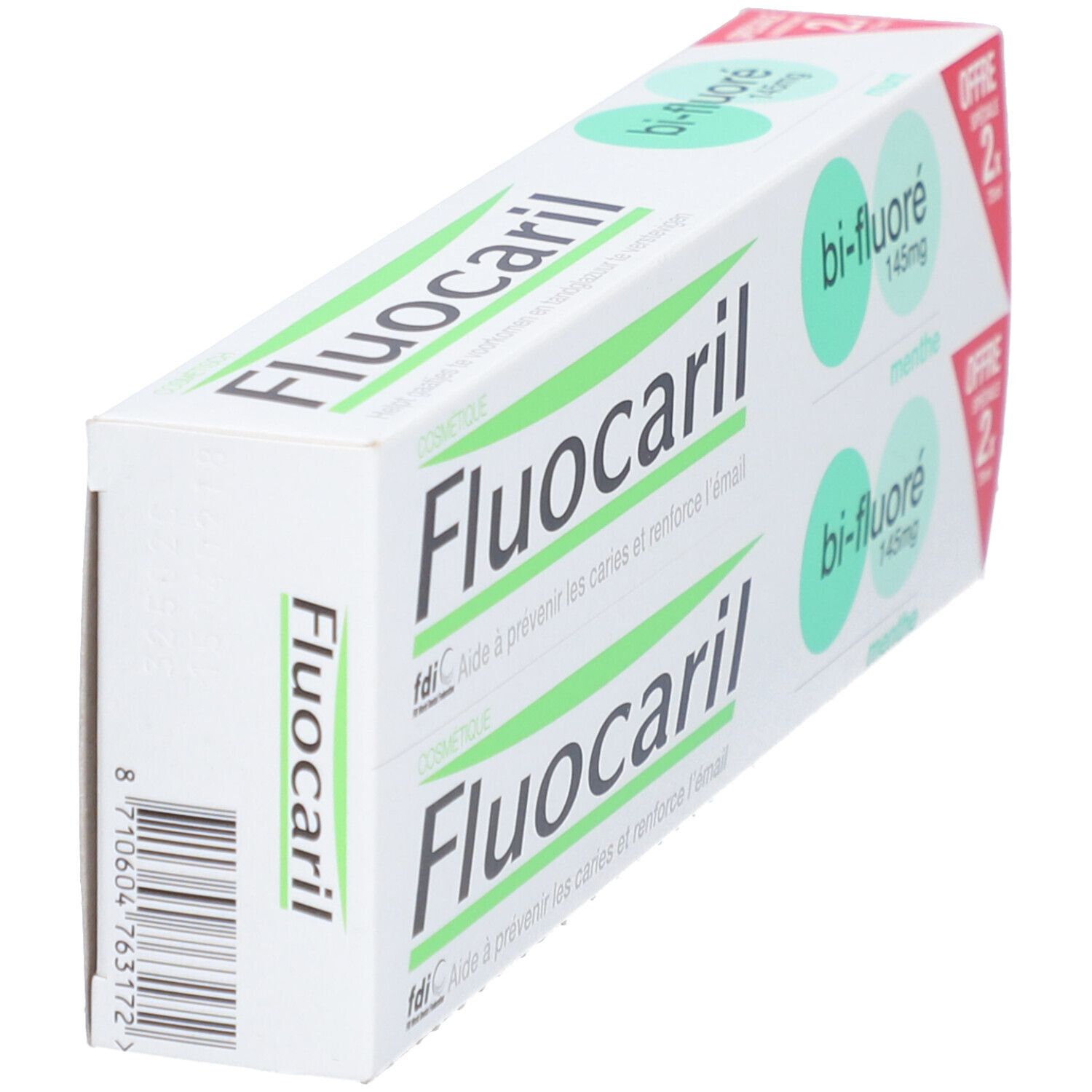 Paquet de dentifrice Fluocaril bi-fluoré 145mg menthe, en biais. Offre spéciale. Pack de 2x75ml.