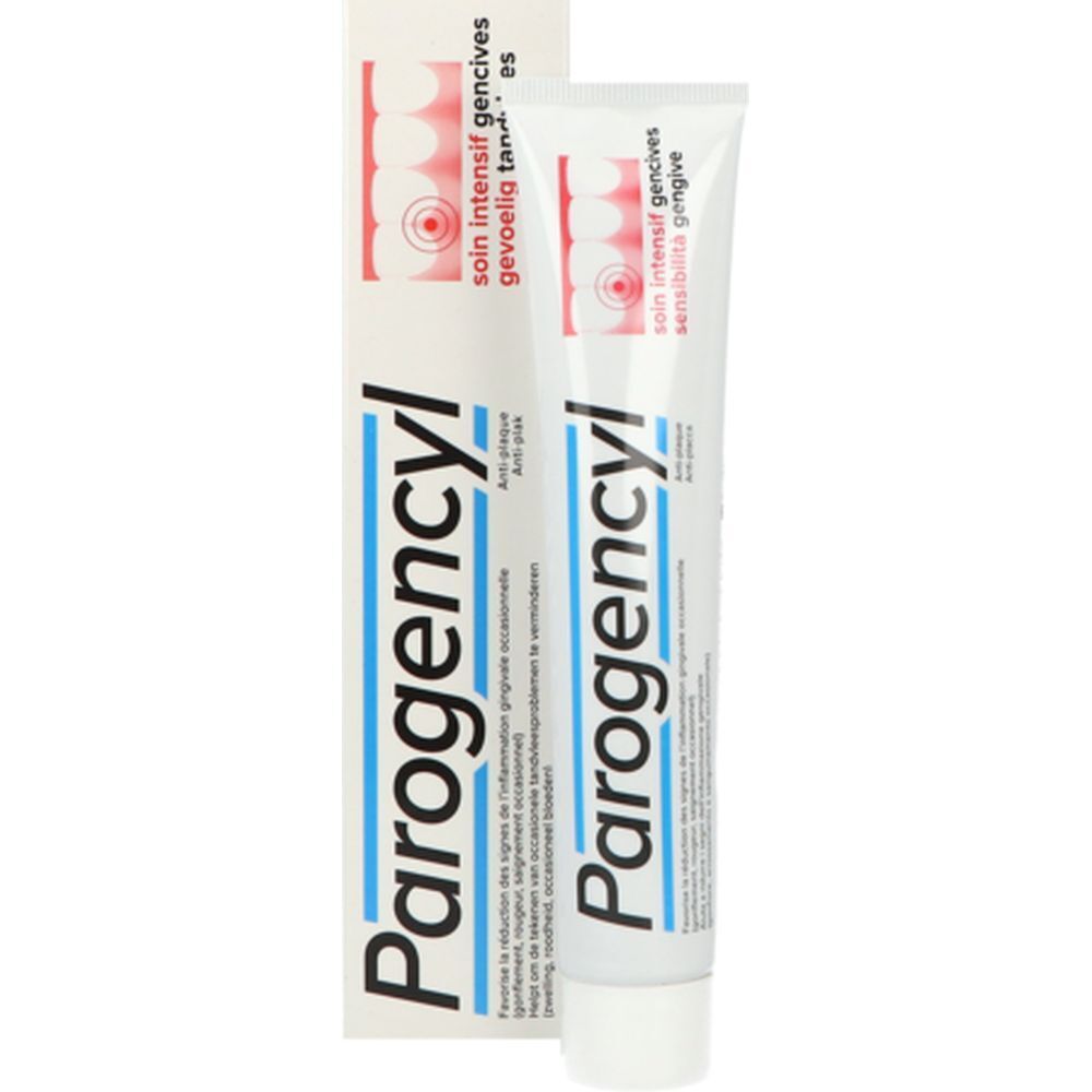Tube et emballage de dentifrice. Inscription: Parogencyl, soin intensif gencives. Blanc, rouge et bleu.