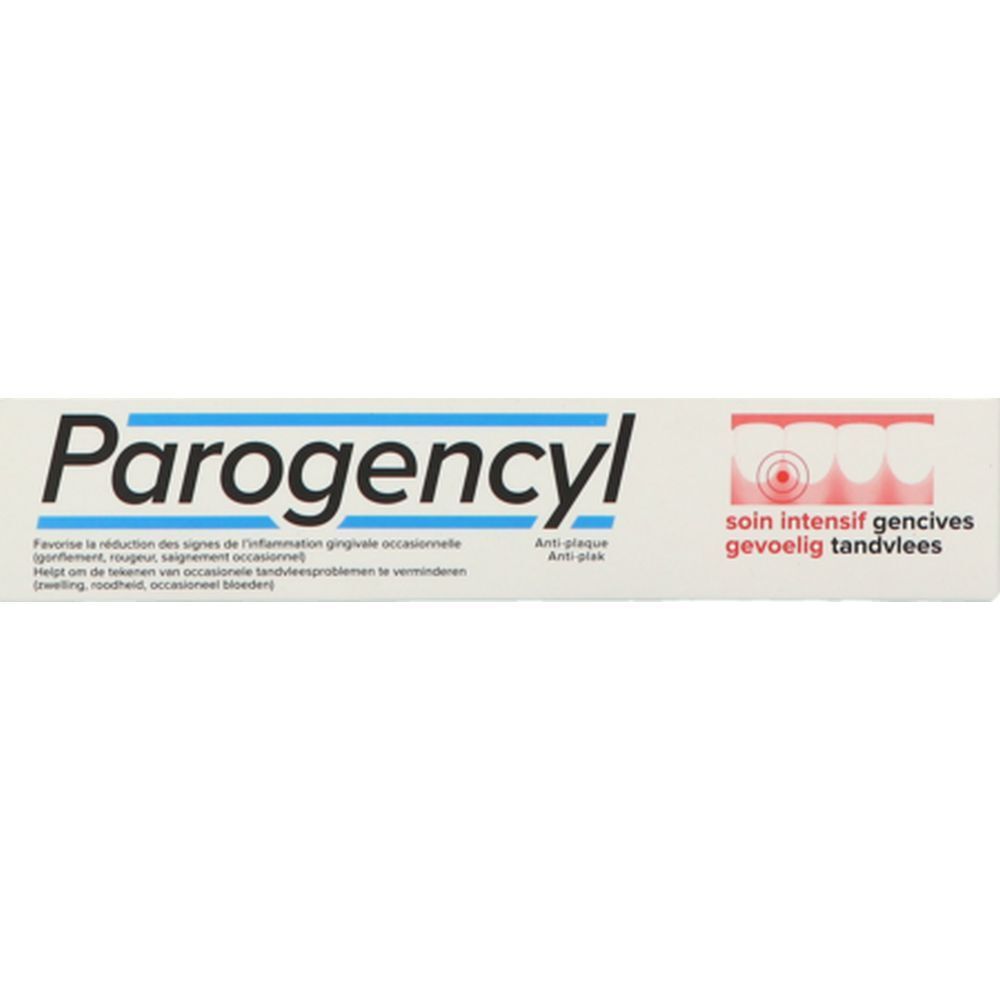 Tube de dentifrice. Inscription: Parogencyl, soin intensif gencives. Blanc, rouge et bleu.