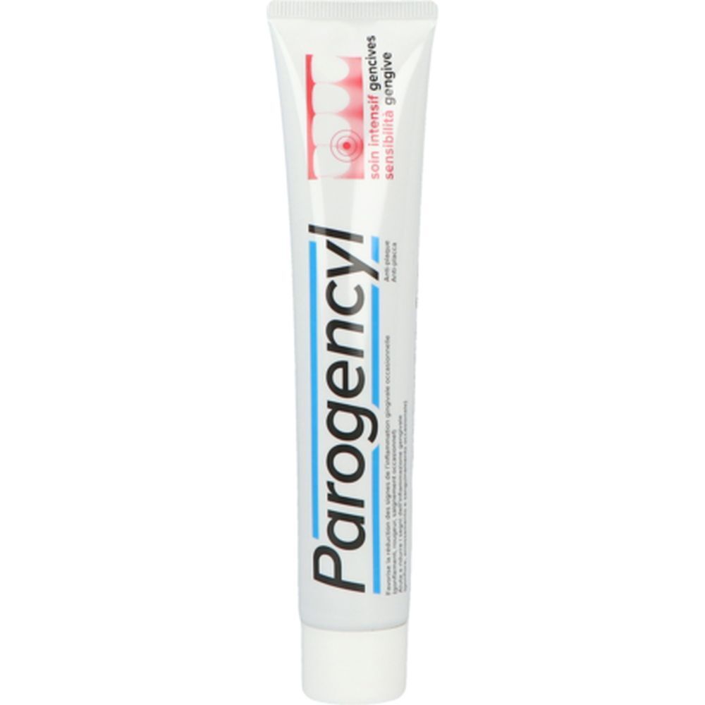 Tube de dentifrice. Inscription: Parogencyl, soin intensif gencives. Blanc, rouge et bleu.