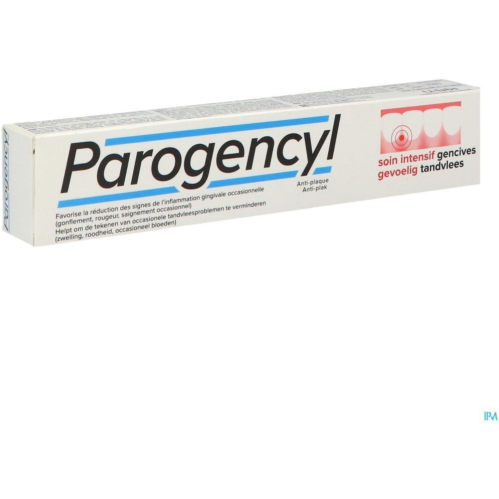 Tube et emballage de dentifrice. Inscription: Parogencyl, soin intensif gencives. Blanc, rouge et bleu.