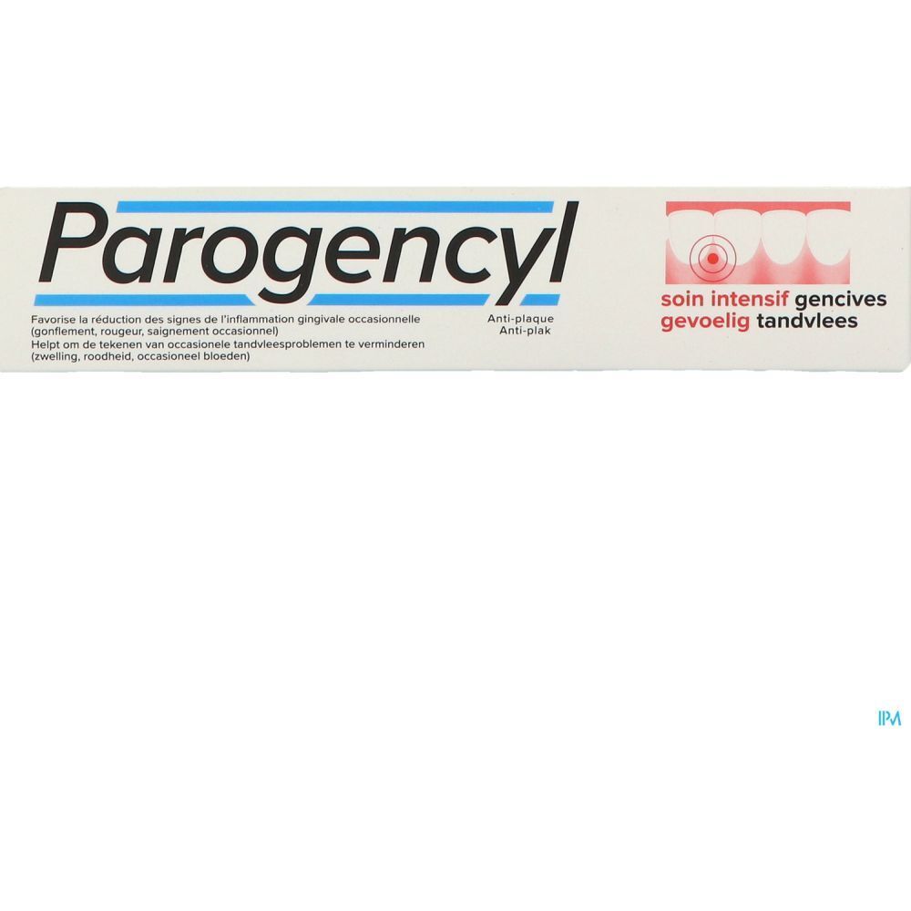 Tube et emballage de dentifrice. Inscription: Parogencyl, soin intensif gencives. Blanc, rouge et bleu.