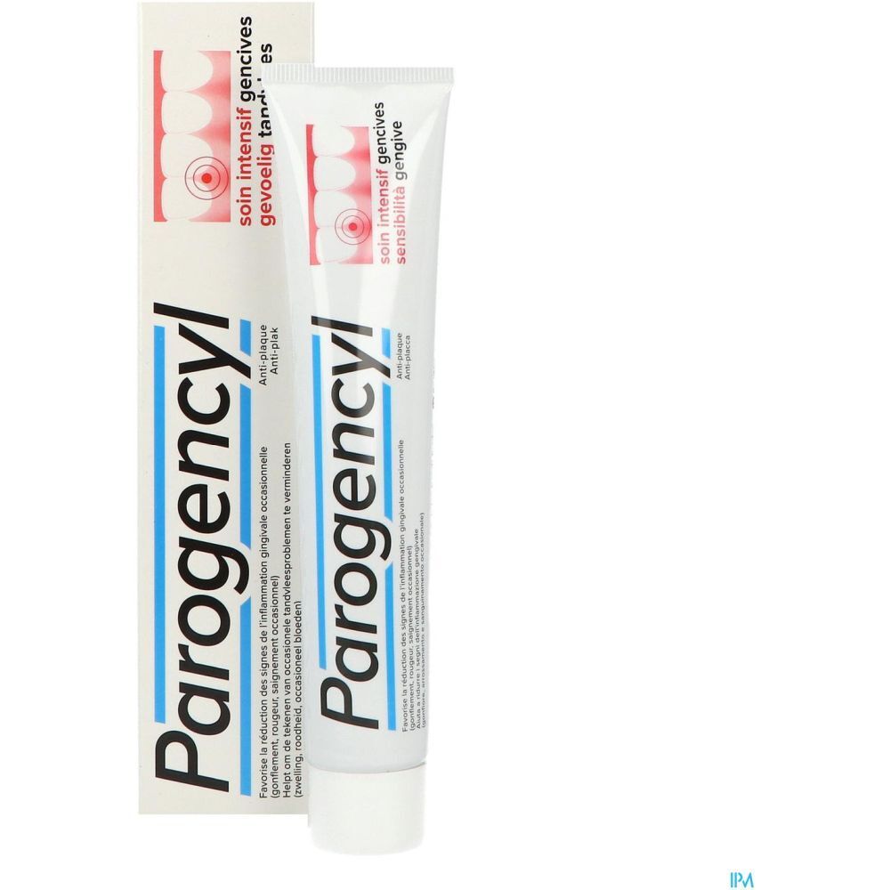 Tube et emballage de dentifrice. Inscription: Parogencyl, soin intensif gencives. Blanc, rouge et bleu.